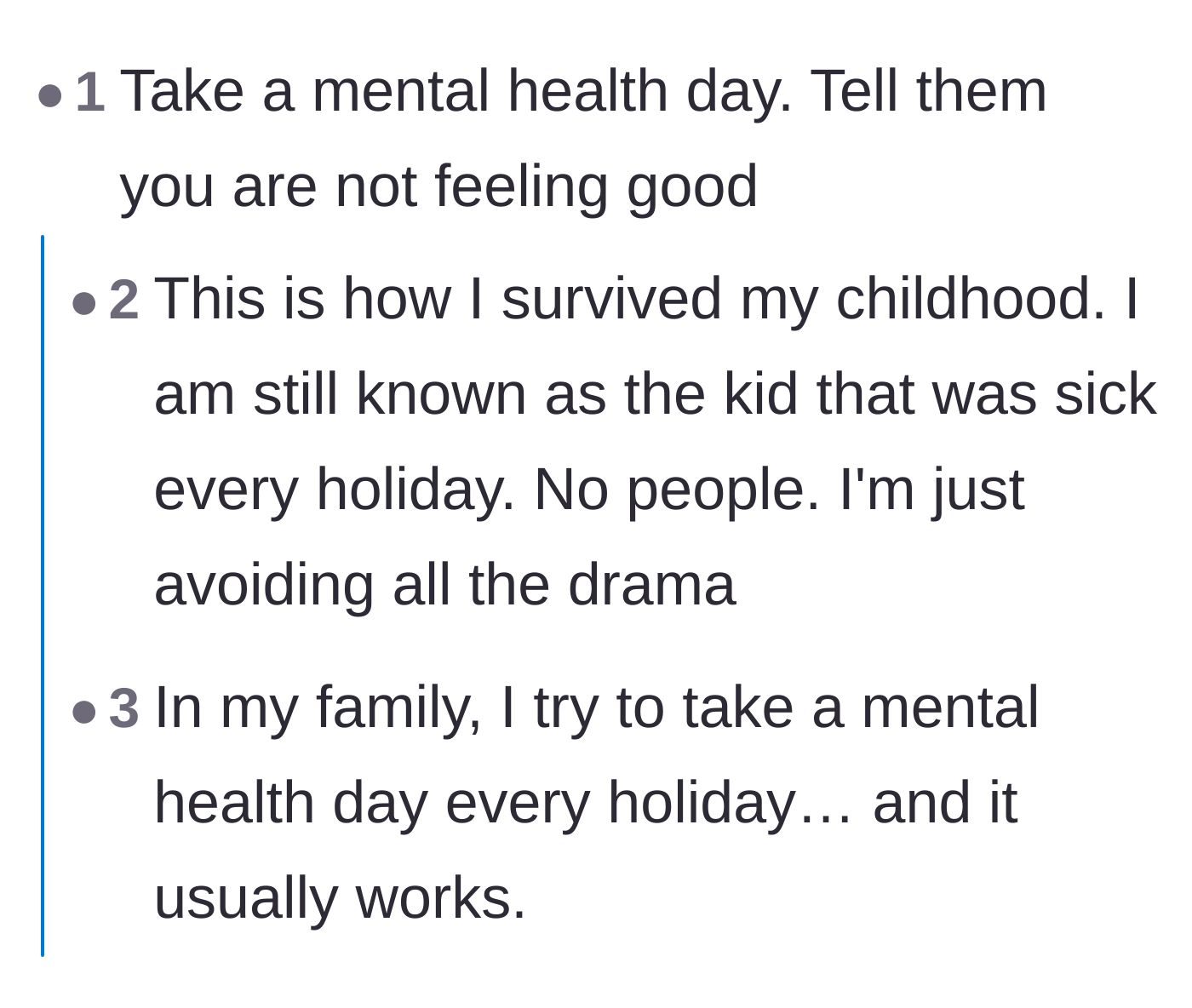 Comment thread 1 - Readers sharing their own experiences of taking mental health days to survive toxic family holidays.