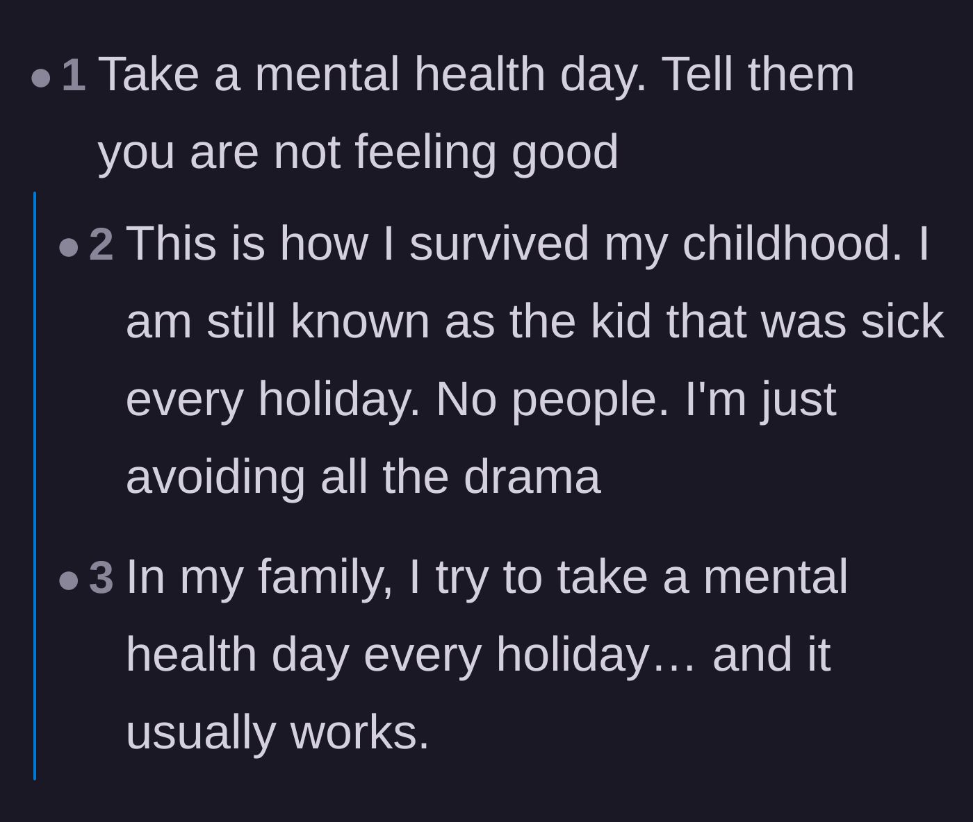 Comment thread 1 - Readers sharing their own experiences of taking mental health days to survive toxic family holidays.