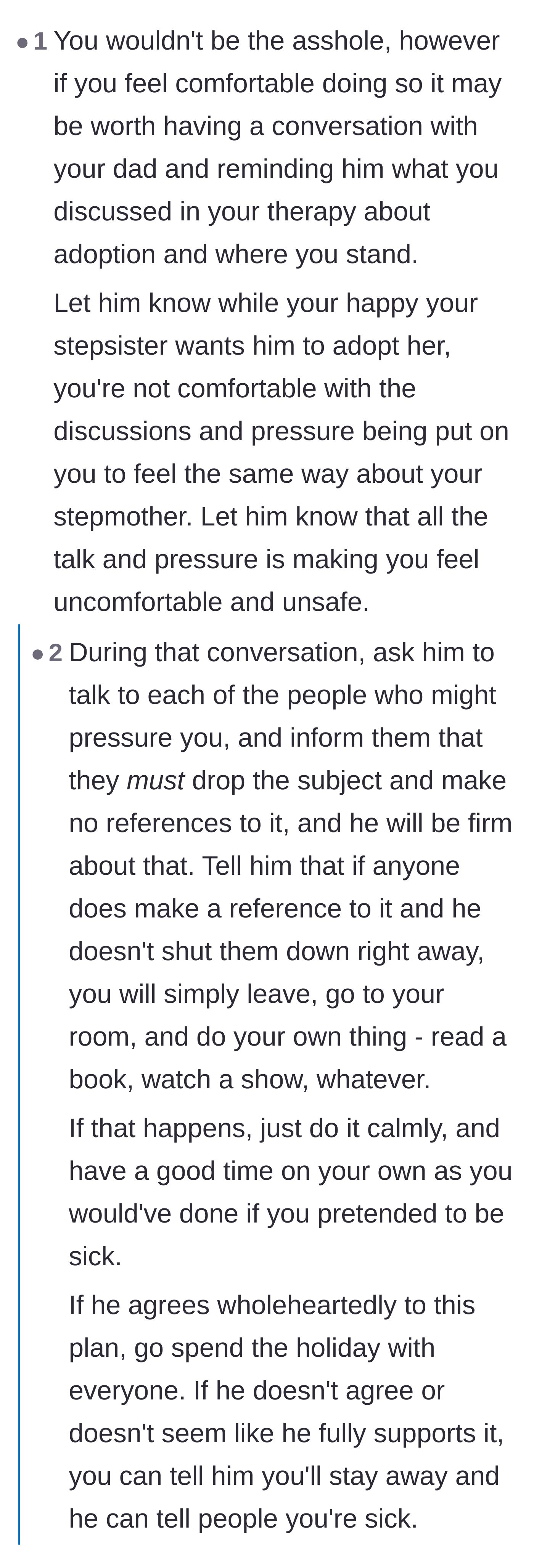 Comment thread 2 - Advice urging the teenager to demand her father step up and enforce the boundaries they previously set in therapy.