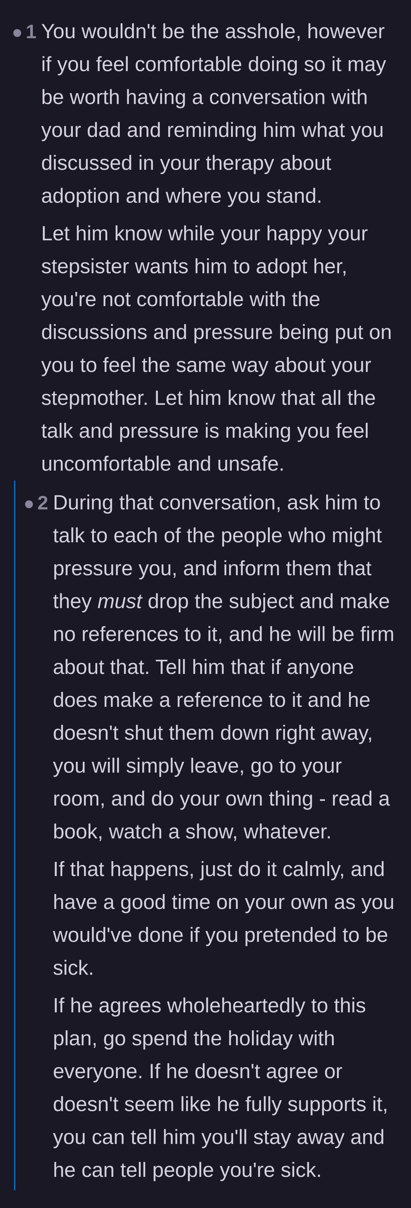 Comment thread 2 - Advice urging the teenager to demand her father step up and enforce the boundaries they previously set in therapy.