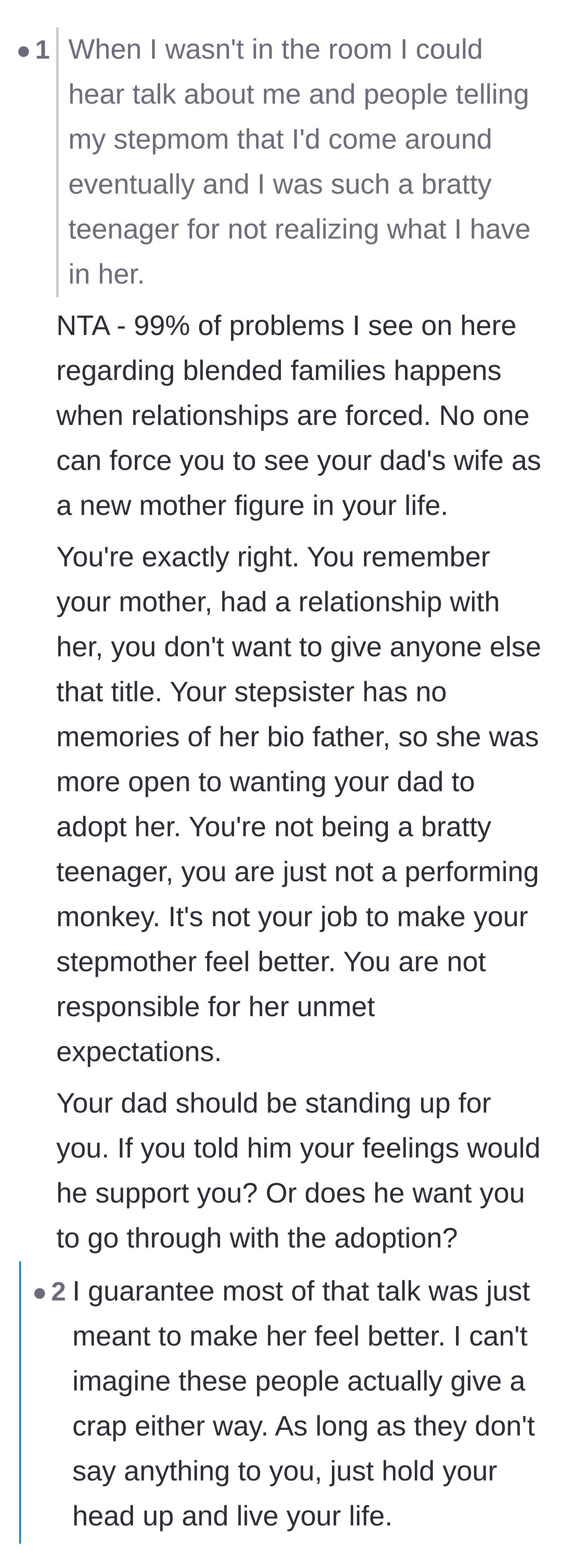 Comment thread 4 - A breakdown of why forcing blended family dynamics fails and why the teenager isn't responsible for her stepmom's feelings.