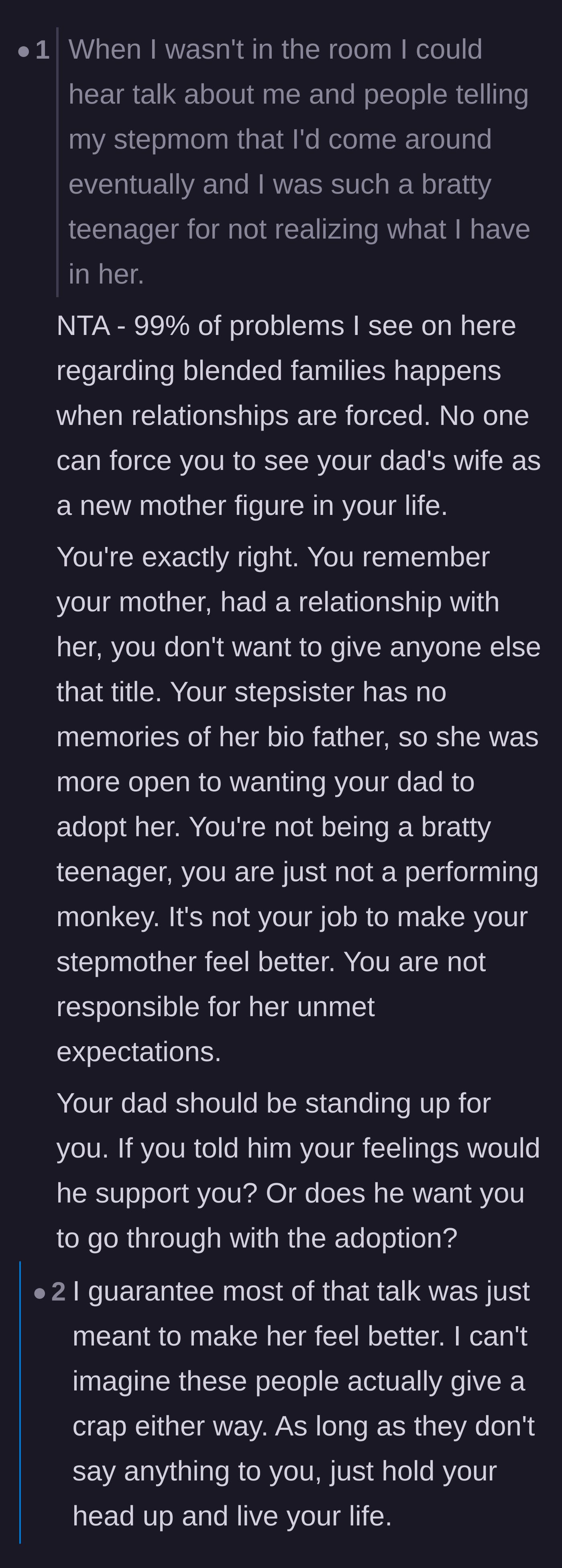 Comment thread 4 - A breakdown of why forcing blended family dynamics fails and why the teenager isn't responsible for her stepmom's feelings.