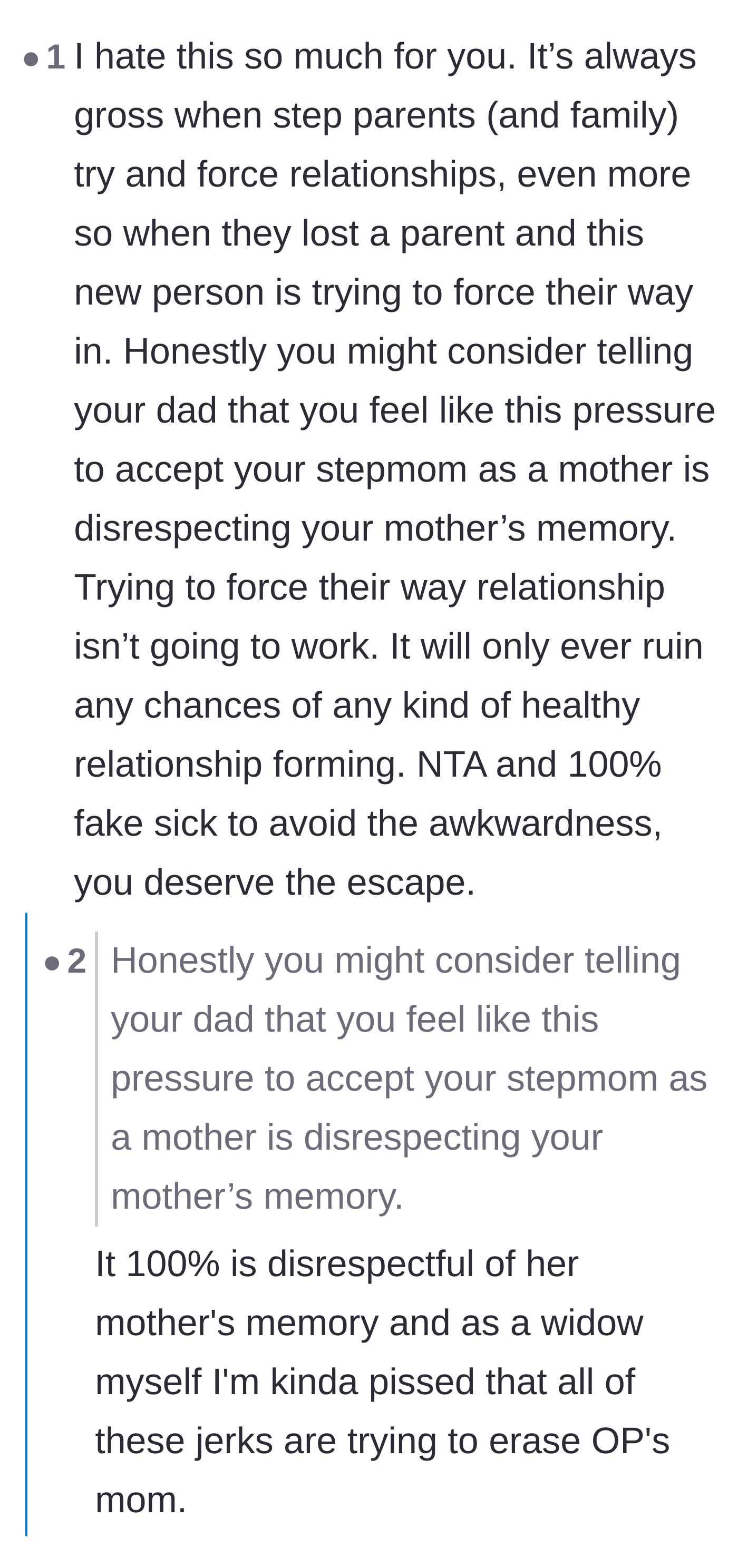 Comment thread 6 - Outrage over the family trying to erase the late mother's memory, with a widow chiming in to express her anger.