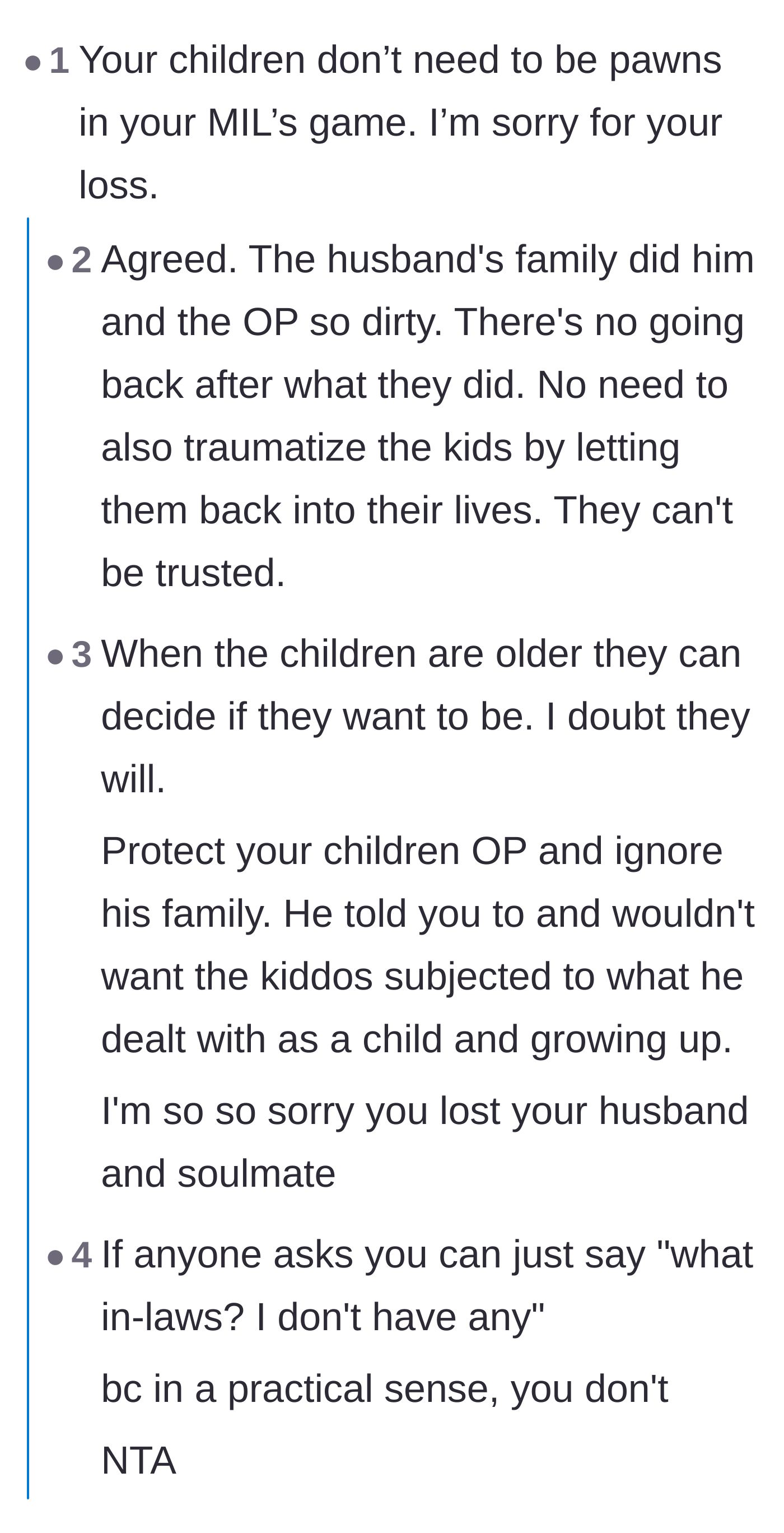 Comment thread 1 - Readers discuss the long-term emotional risks of exposing the children to the in-laws' unpredictable behavior.