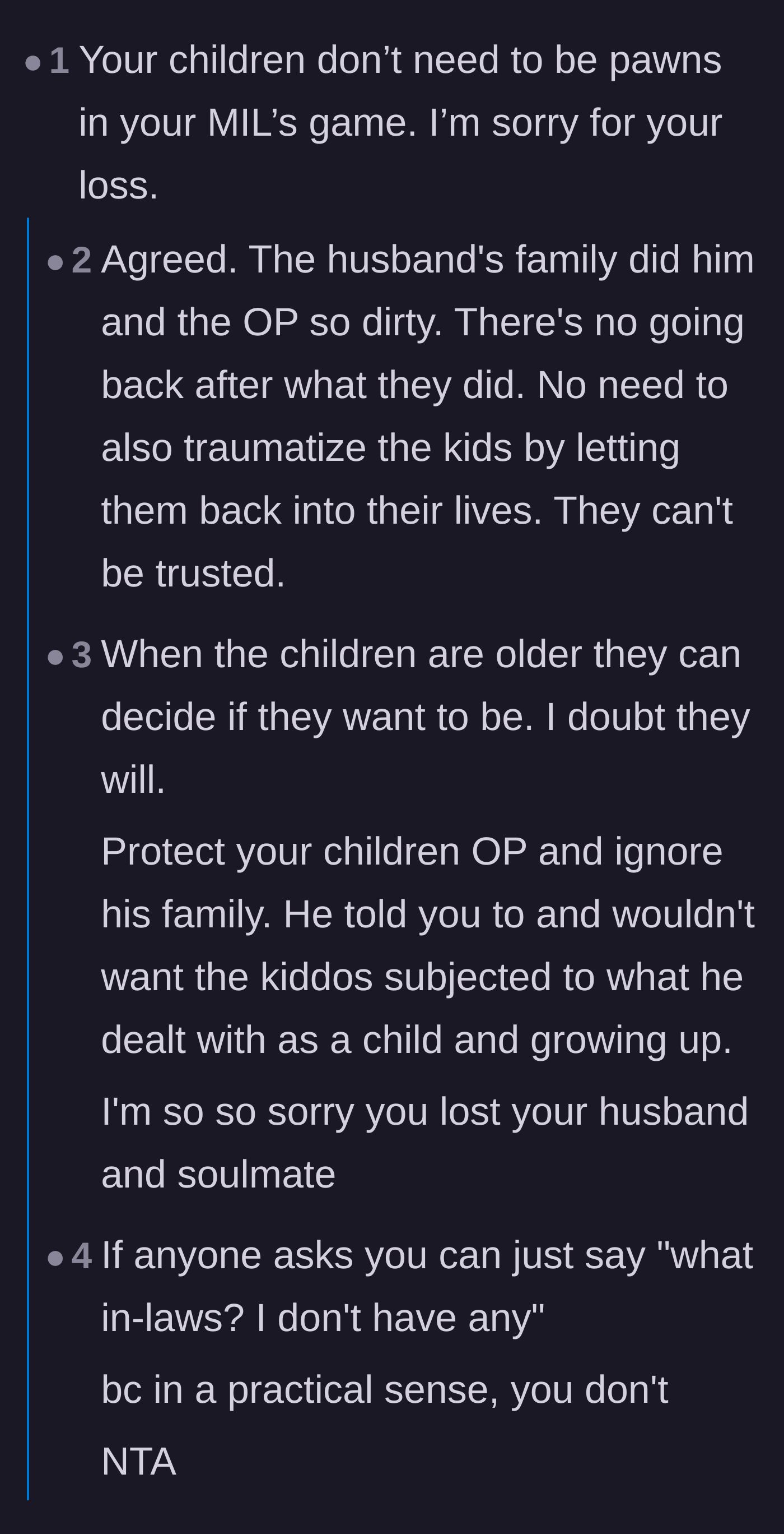 Comment thread 1 - Readers discuss the long-term emotional risks of exposing the children to the in-laws' unpredictable behavior.
