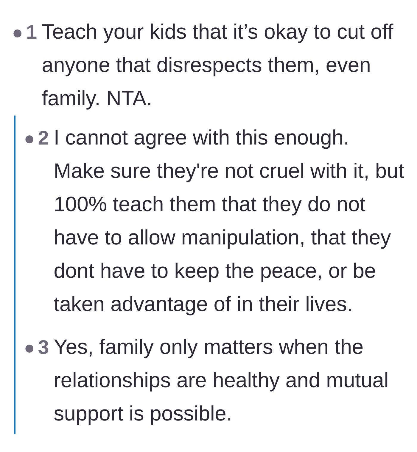 Comment thread 4 - A discussion on using this painful situation to teach the children about setting healthy, necessary boundaries.