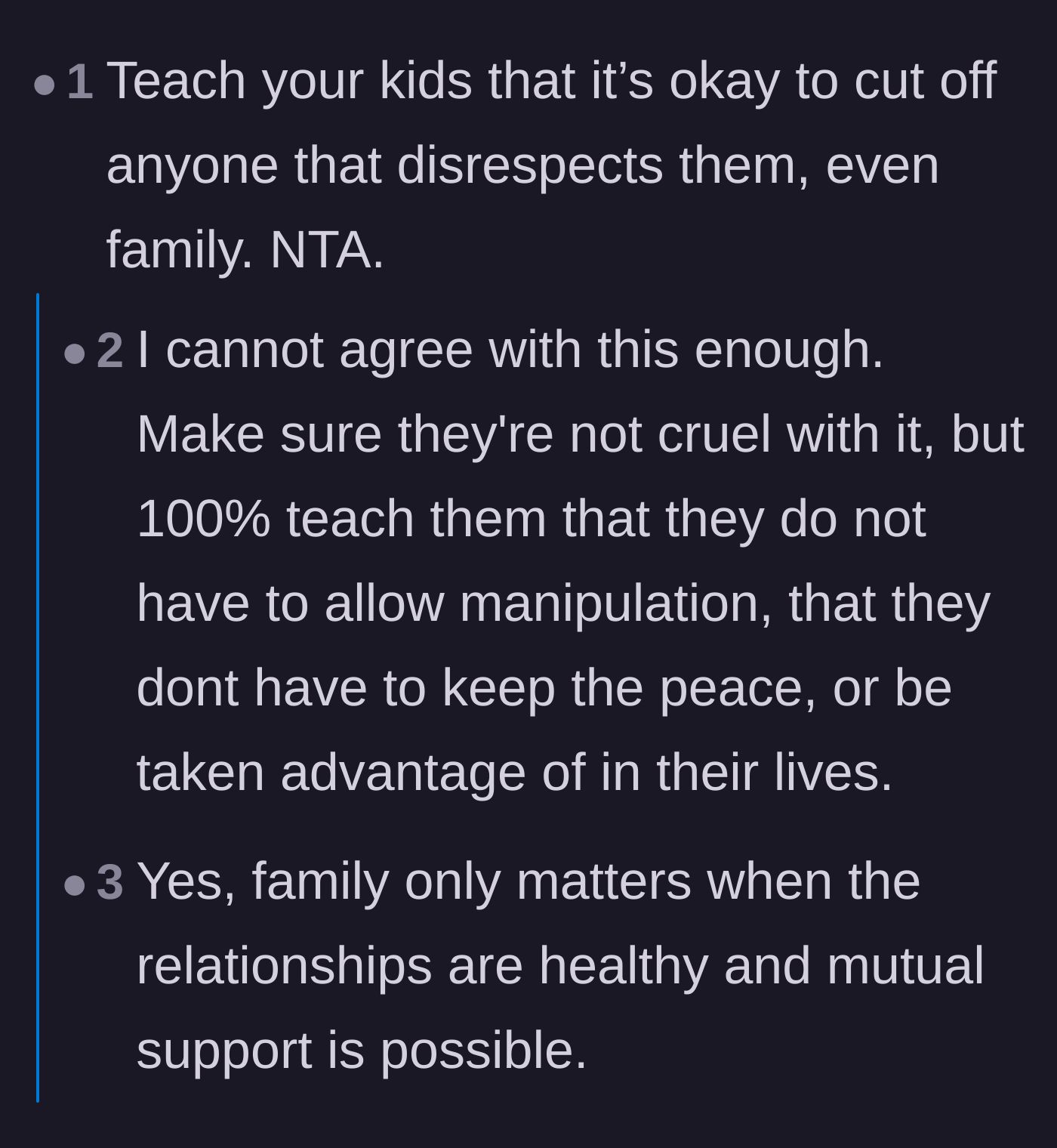 Comment thread 4 - A discussion on using this painful situation to teach the children about setting healthy, necessary boundaries.