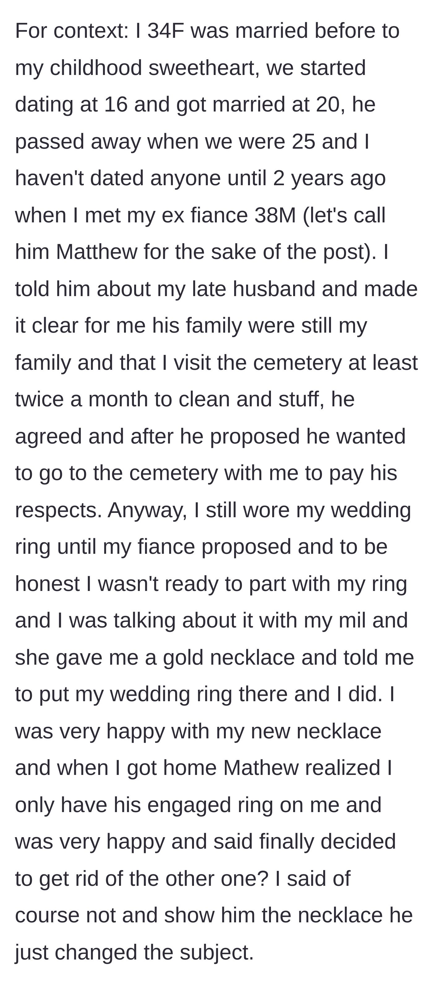Story part 1 - A woman places her late husband's wedding ring onto a gold chain to wear around her neck, while her new fiancé looks on with subtle disappointment.