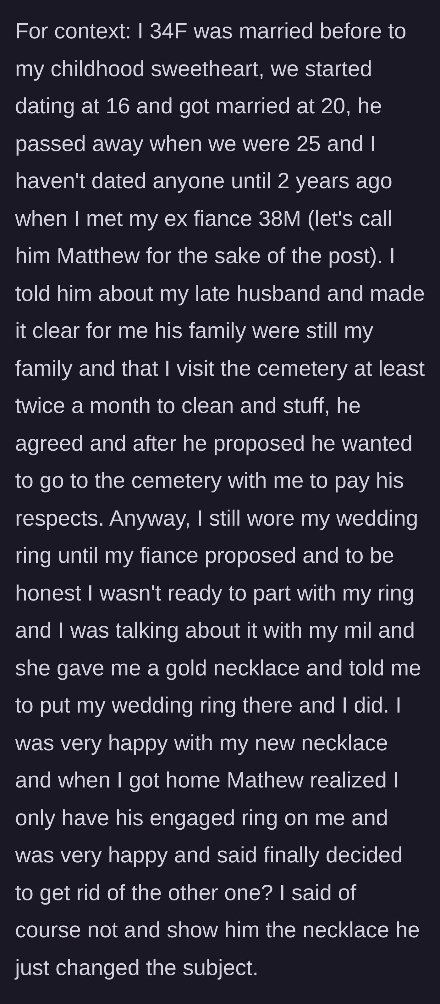 Story part 1 - A woman places her late husband's wedding ring onto a gold chain to wear around her neck, while her new fiancé looks on with subtle disappointment.