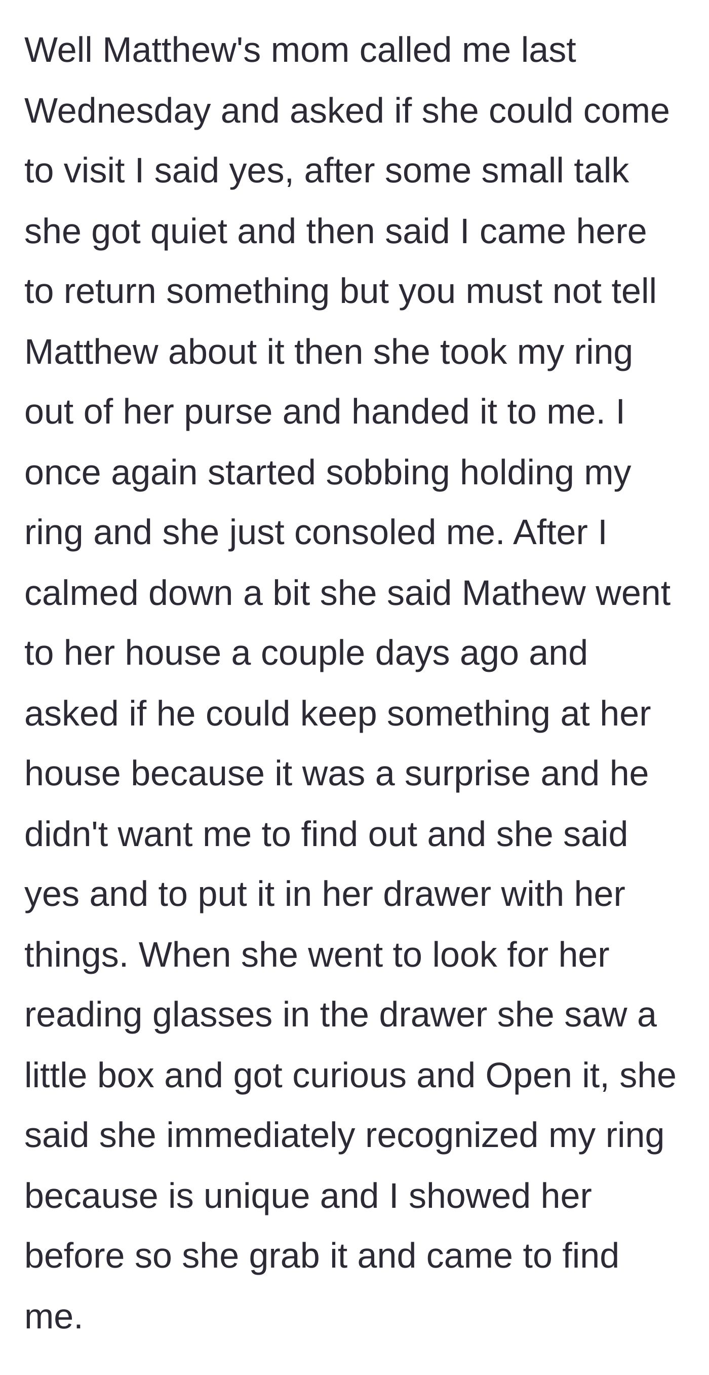 Story part 3 - An older woman sits on a couch, gently handing a stolen wedding ring back to a sobbing, deeply relieved younger woman.