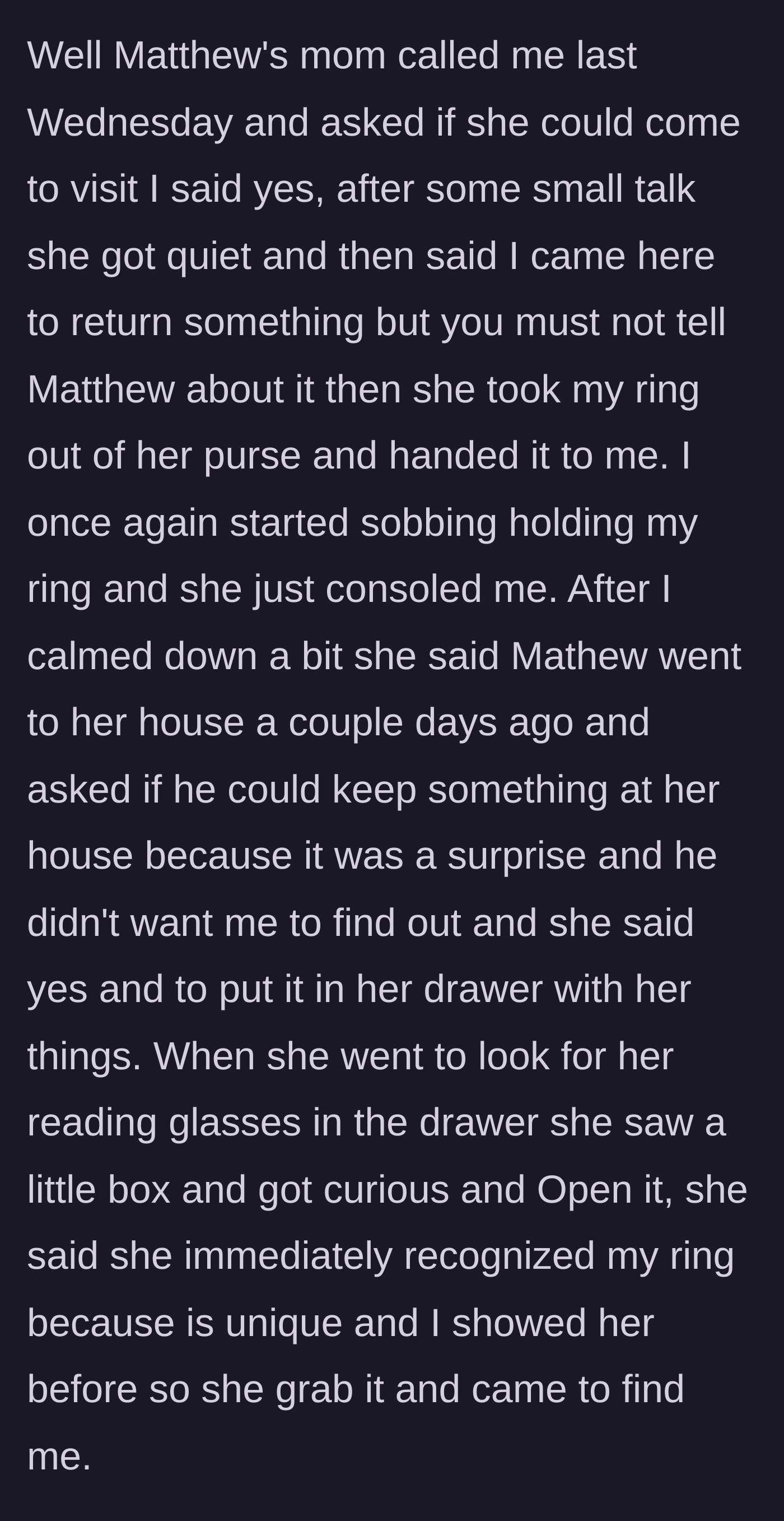 Story part 3 - An older woman sits on a couch, gently handing a stolen wedding ring back to a sobbing, deeply relieved younger woman.