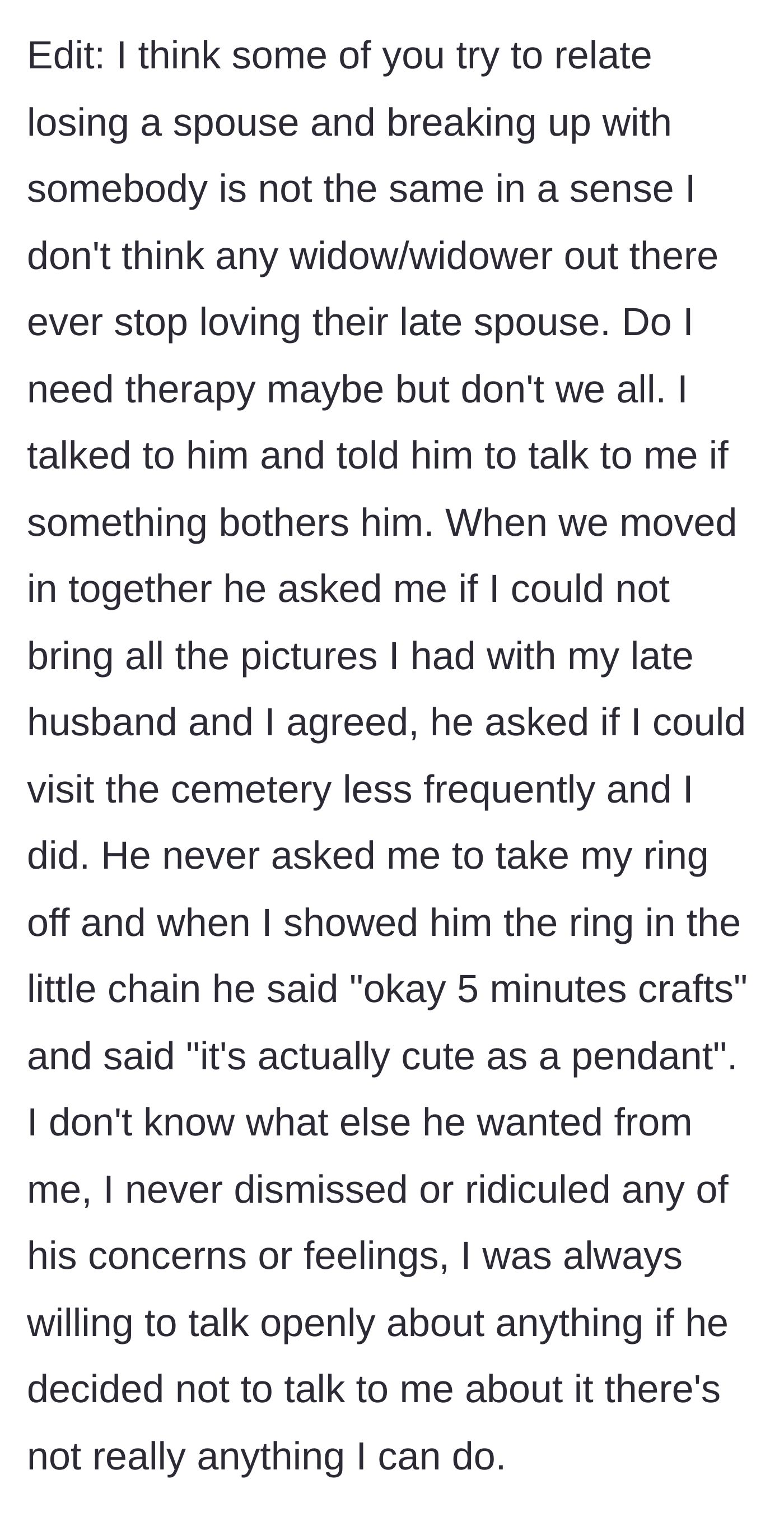 Story part 6 - A woman sits quietly, reflecting on her past, recognizing she made every reasonable compromise to keep her partner happy.