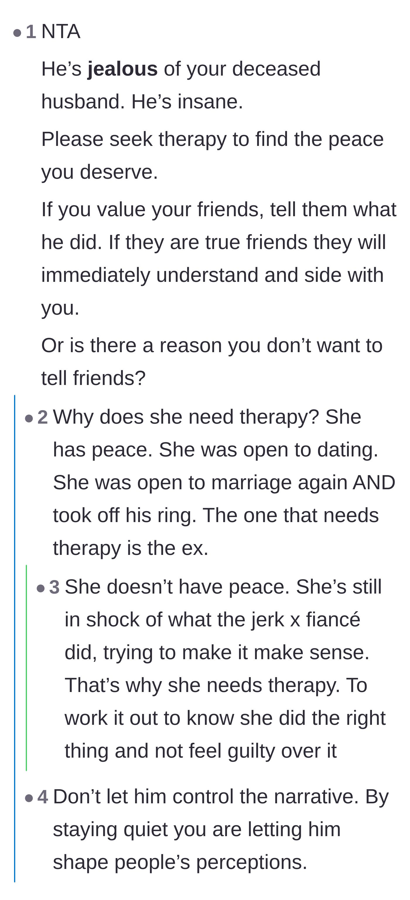 Comment thread 1 - Advice on protecting her narrative and the debate over who really needs therapy.