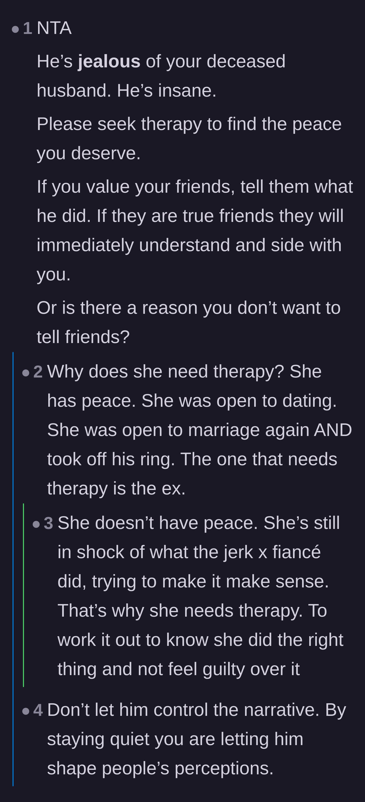 Comment thread 1 - Advice on protecting her narrative and the debate over who really needs therapy.