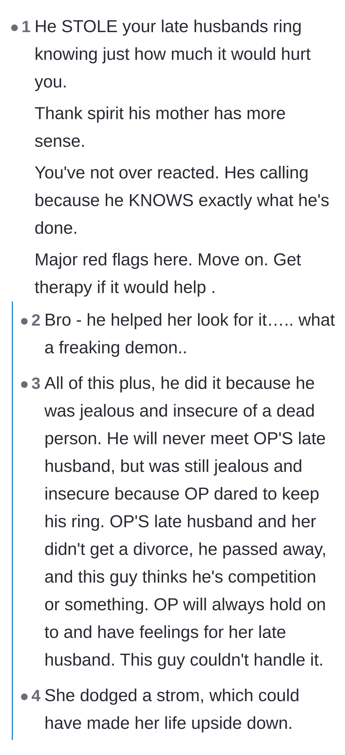 Comment thread 2 - Outrage over the fiancé's deep insecurity and the calculated cruelty of helping her search.