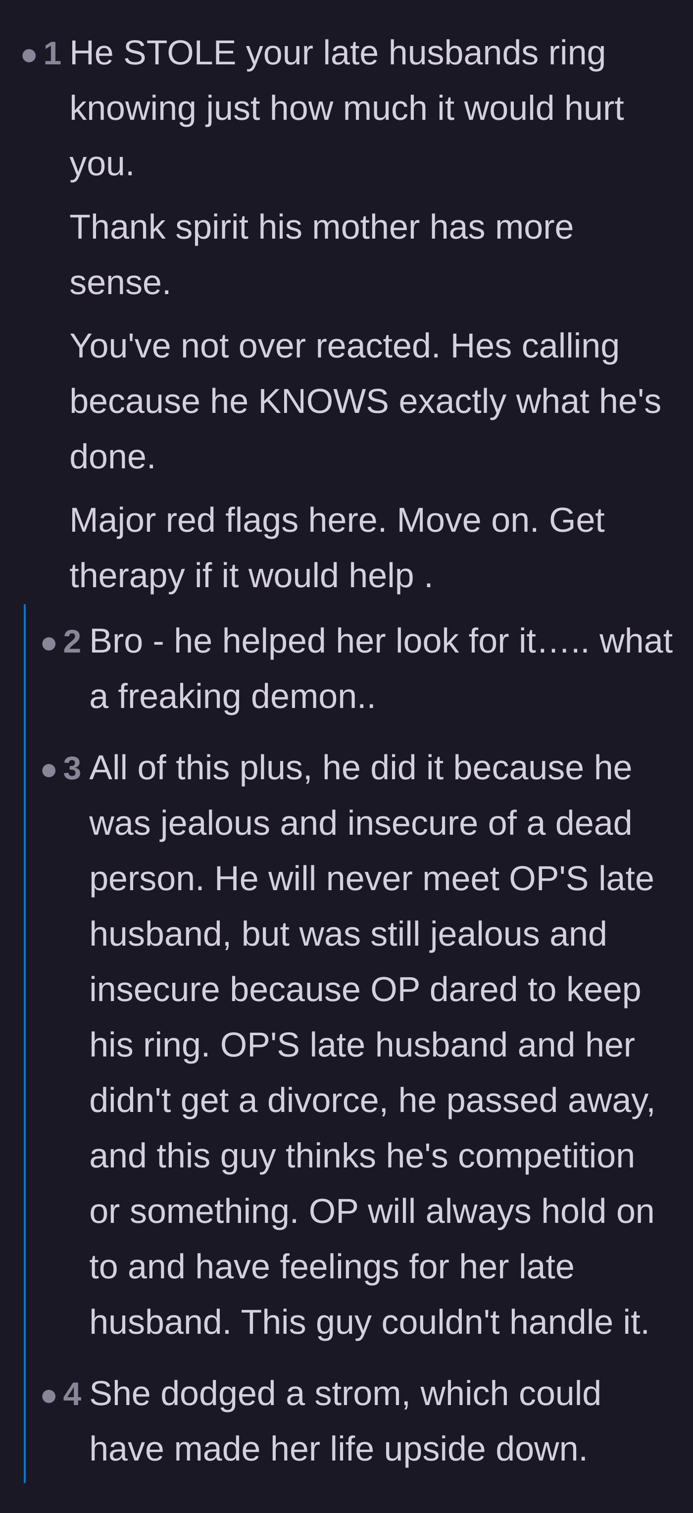 Comment thread 2 - Outrage over the fiancé's deep insecurity and the calculated cruelty of helping her search.