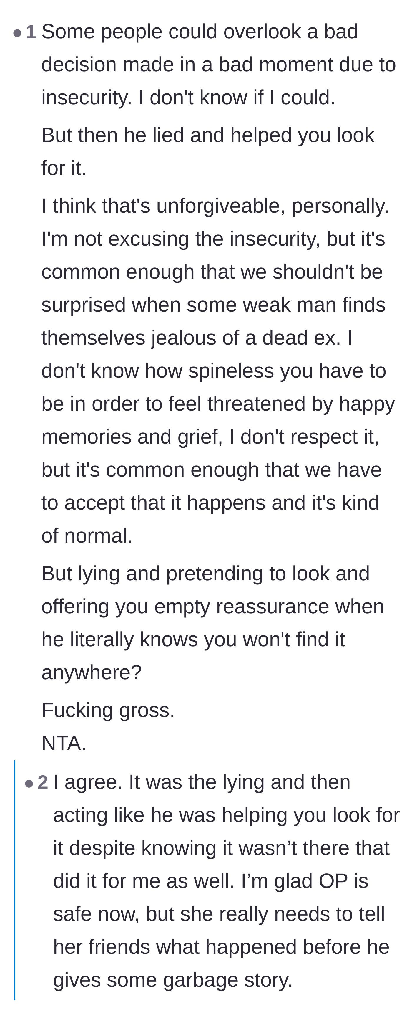 Comment thread 3 - Discussion highlighting that the true betrayal wasn't just the theft, but the elaborate, planned lie that followed.