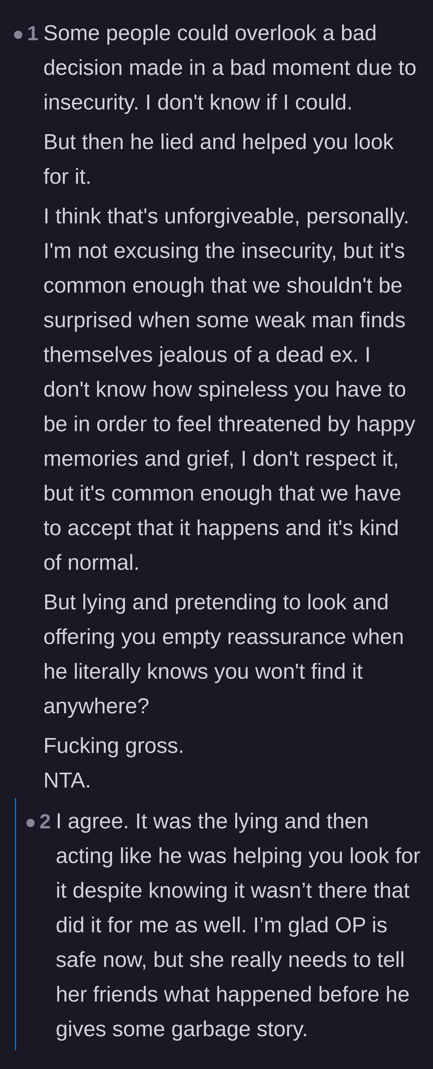 Comment thread 3 - Discussion highlighting that the true betrayal wasn't just the theft, but the elaborate, planned lie that followed.