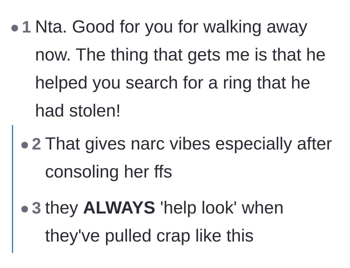 Comment thread 4 - Comments pointing out the narcissistic and manipulative tactics of pretending to be the supportive partner.