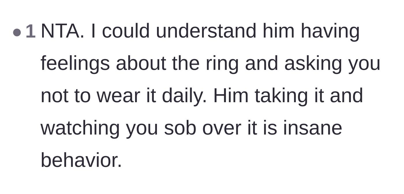 Comment thread 5 - A reminder that having complex feelings about a late spouse's belongings is normal, but stealing them is unhinged.