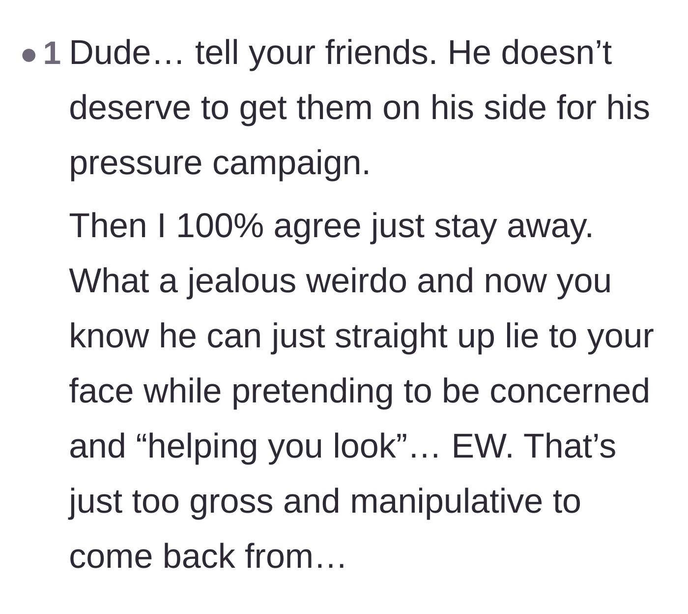 Comment thread 6 - Frustration over the friends' pressure campaign and urging the author to expose the fiancé's actions.