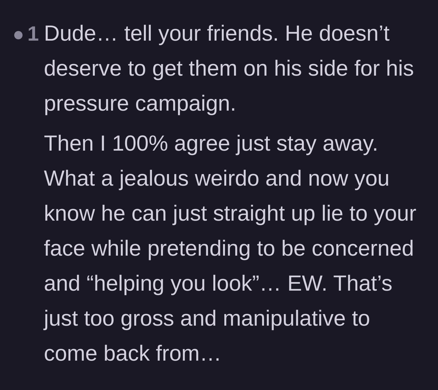 Comment thread 6 - Frustration over the friends' pressure campaign and urging the author to expose the fiancé's actions.