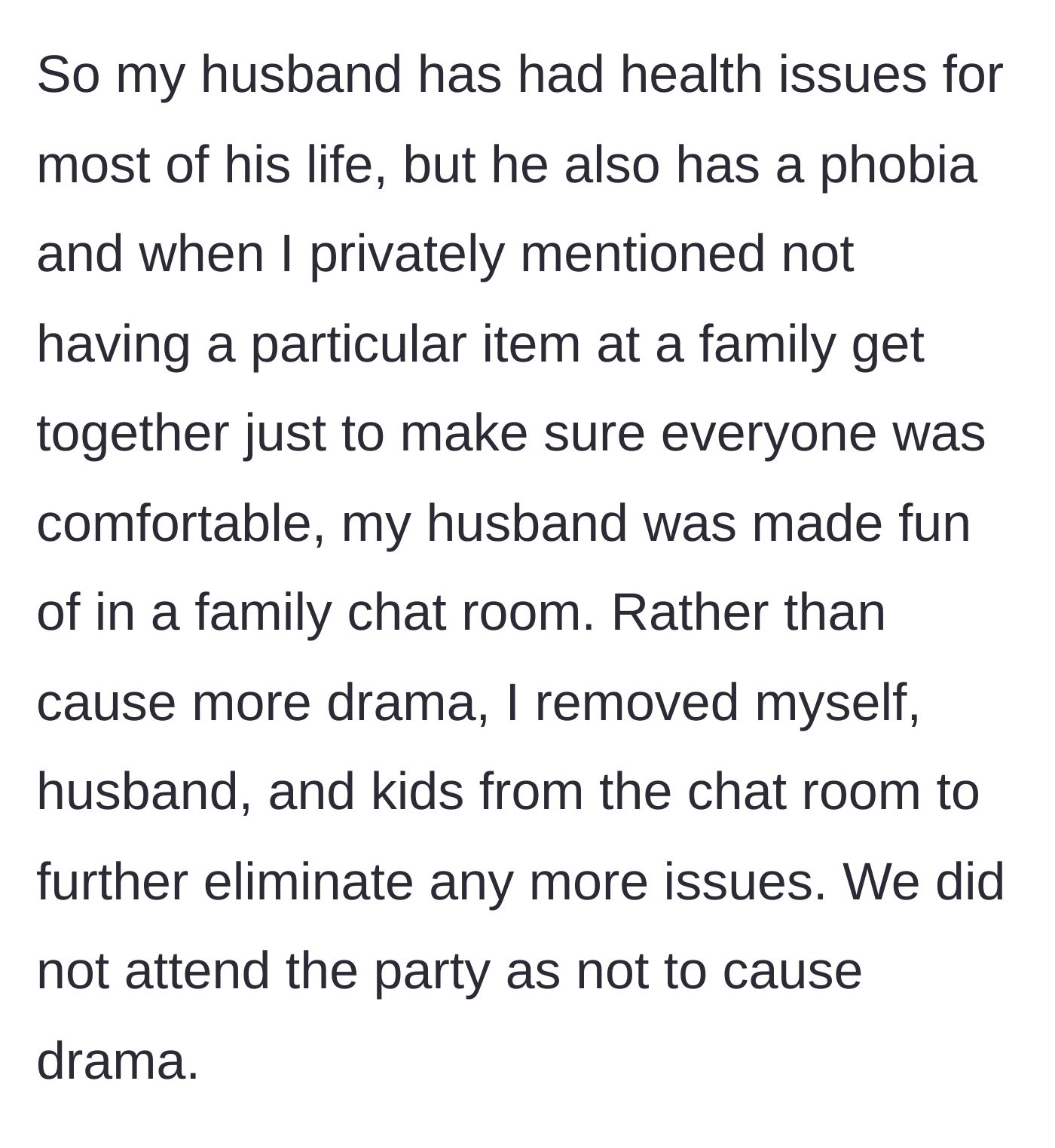 Story part 1 - A text chain showing family members mocking a man's medical phobias, prompting the loyal wife to leave the group chat to protect her family's peace.