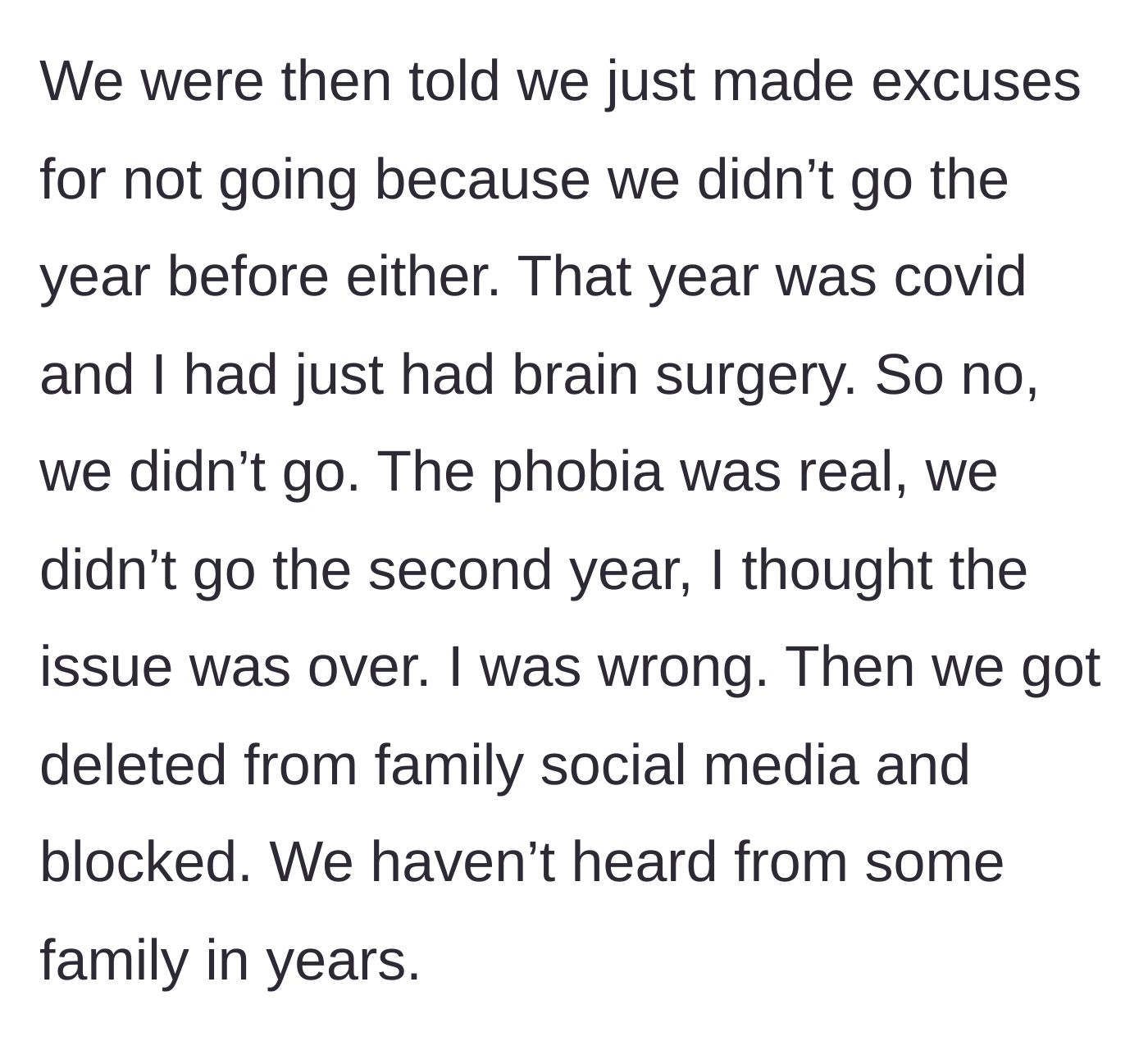 Story part 2 - Family members accusing the wife of making excuses, completely ignoring her recent brain surgery and global COVID protocols, leading to harsh social media blocking.