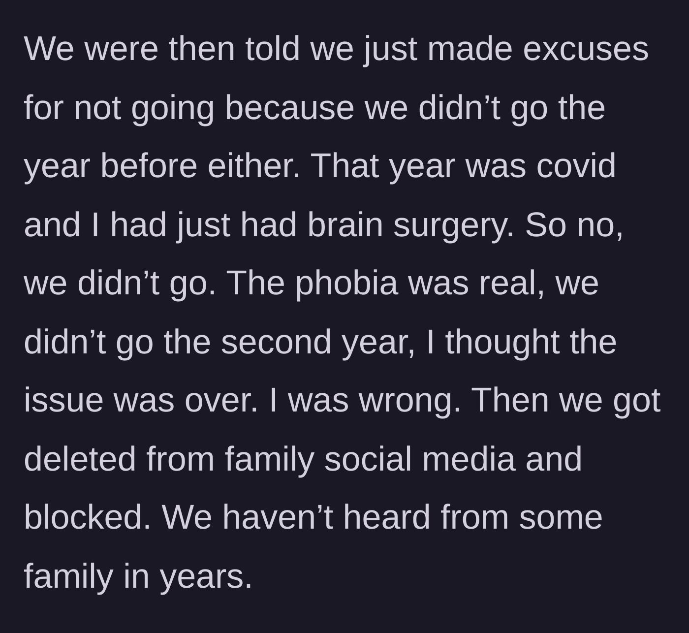 Story part 2 - Family members accusing the wife of making excuses, completely ignoring her recent brain surgery and global COVID protocols, leading to harsh social media blocking.