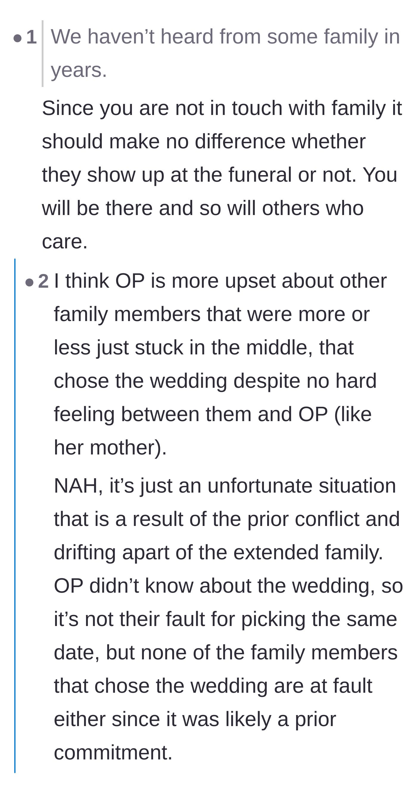 Comment thread 1 - A fierce debate over whether the mother was right to keep her prior wedding commitment or if a funeral should always trump a party.