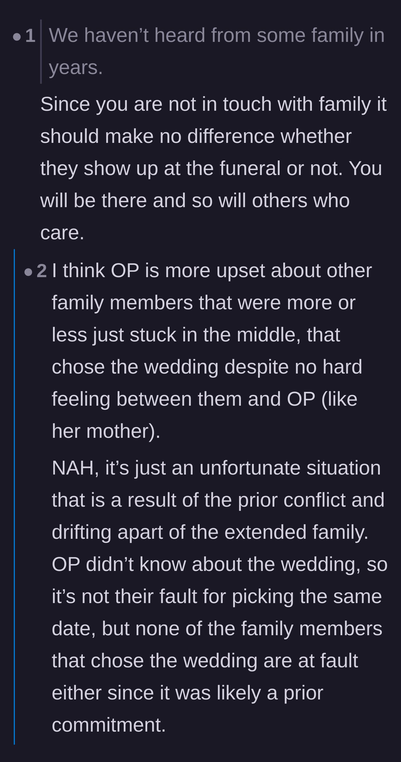 Comment thread 1 - A fierce debate over whether the mother was right to keep her prior wedding commitment or if a funeral should always trump a party.