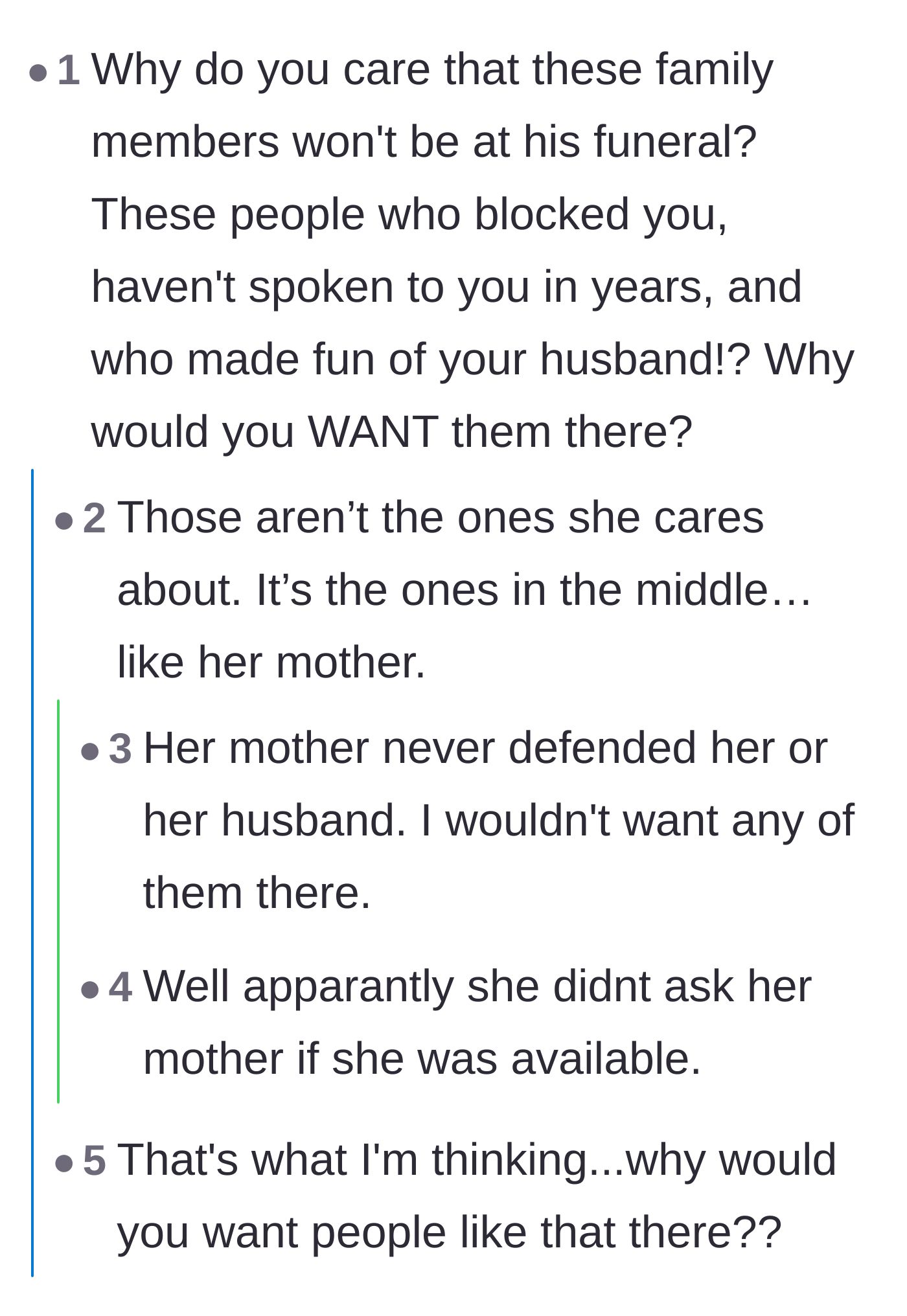 Comment thread 2 - Readers questioning why the widow would even want estranged, bullying relatives at her husband's funeral.