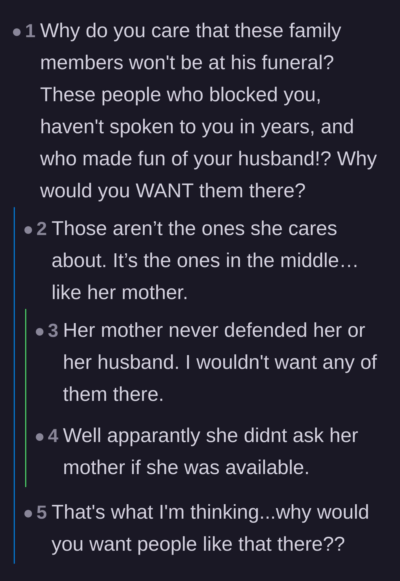 Comment thread 2 - Readers questioning why the widow would even want estranged, bullying relatives at her husband's funeral.