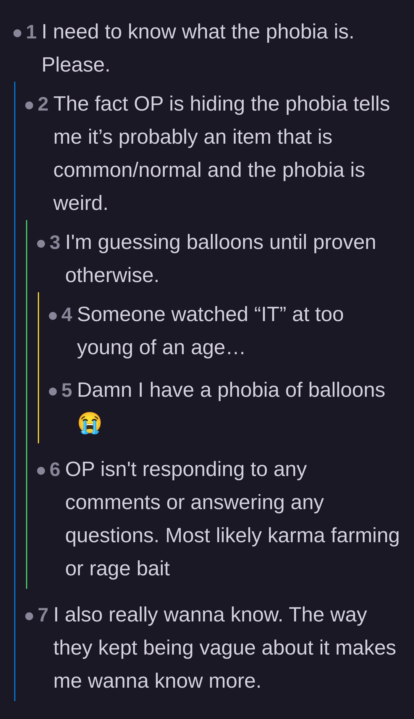 Comment thread 3 - Commenters begging to know what the husband's secret phobia was, jokingly guessing it was balloons.