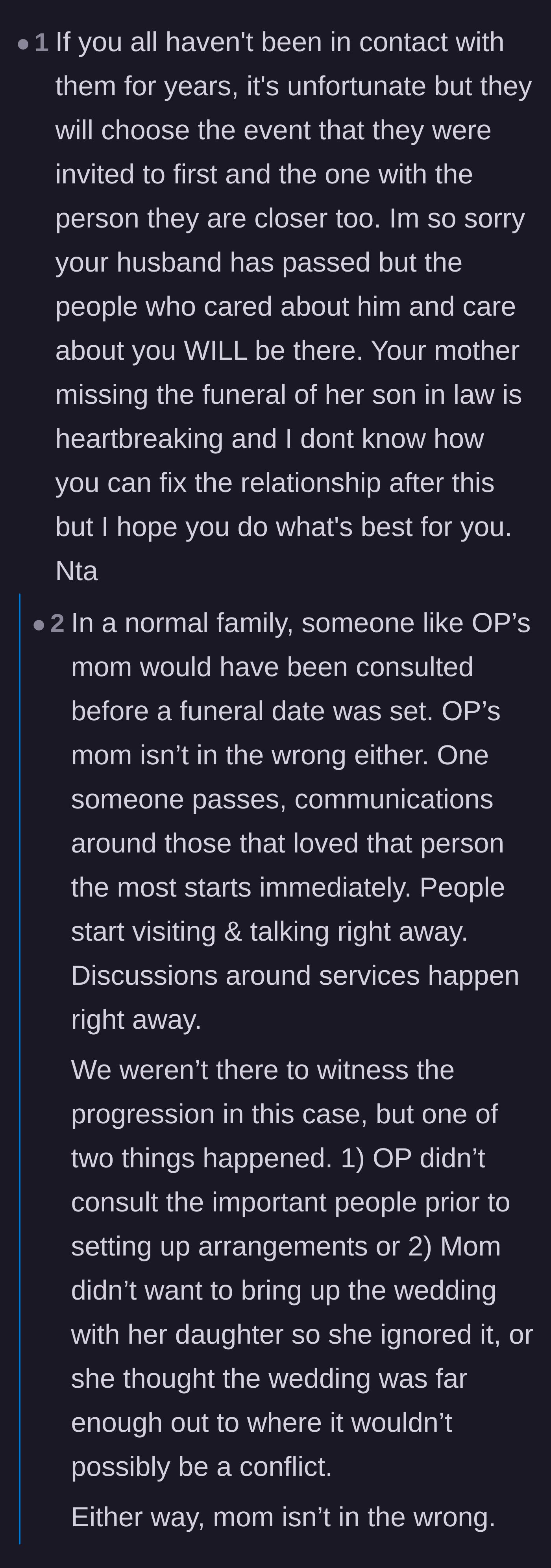 Comment thread 4 - Skeptical readers accusing the widow of intentionally scheduling the funeral to force a family loyalty test.