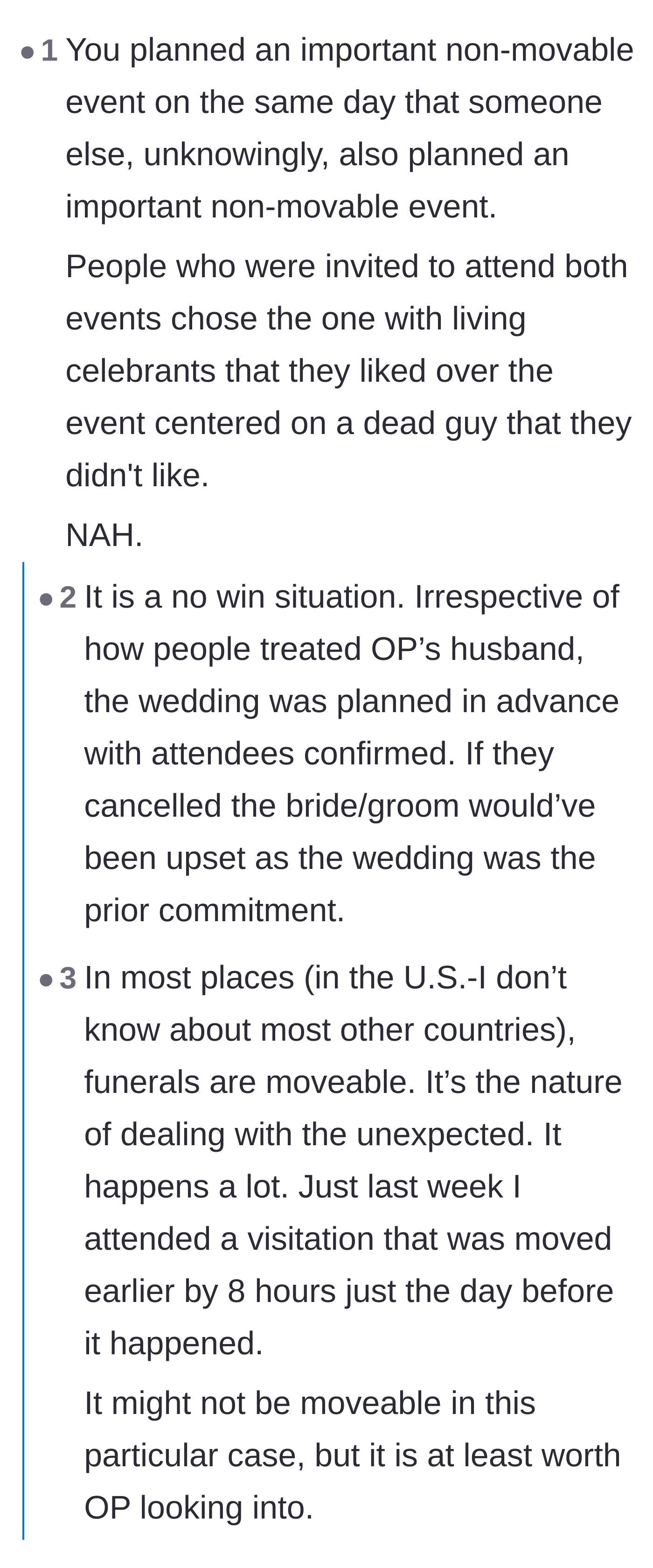 Comment thread 5 - A blunt breakdown arguing that guests naturally chose a happy wedding over a funeral for someone they didn't like.
