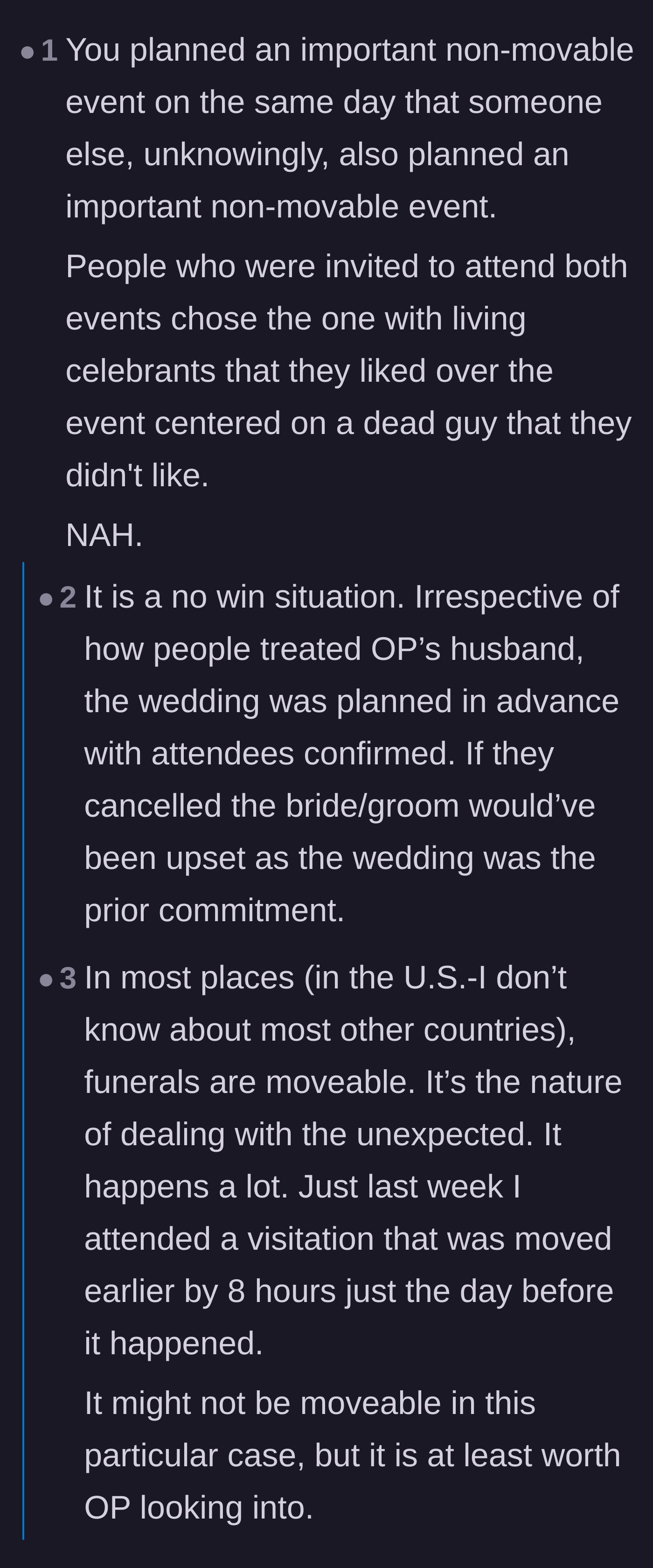 Comment thread 5 - A blunt breakdown arguing that guests naturally chose a happy wedding over a funeral for someone they didn't like.