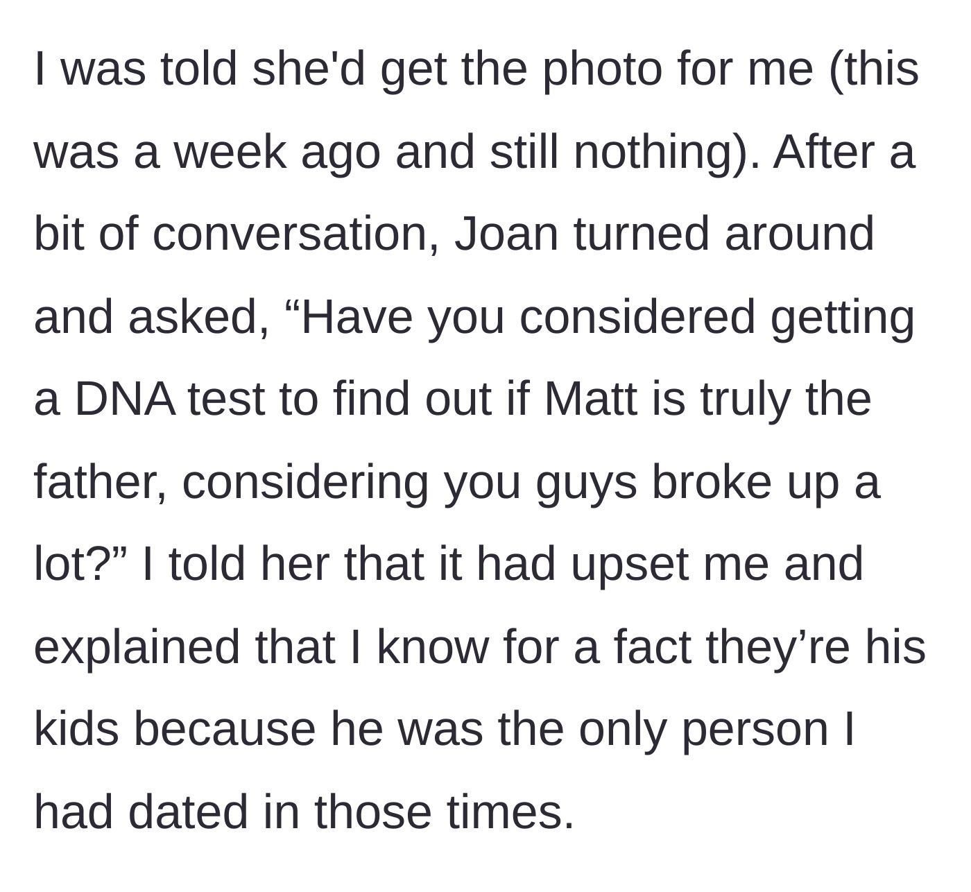 Story part 4 - The mother-in-law promising to send the document, but instead demanding a DNA test due to the couple's on-and-off history.