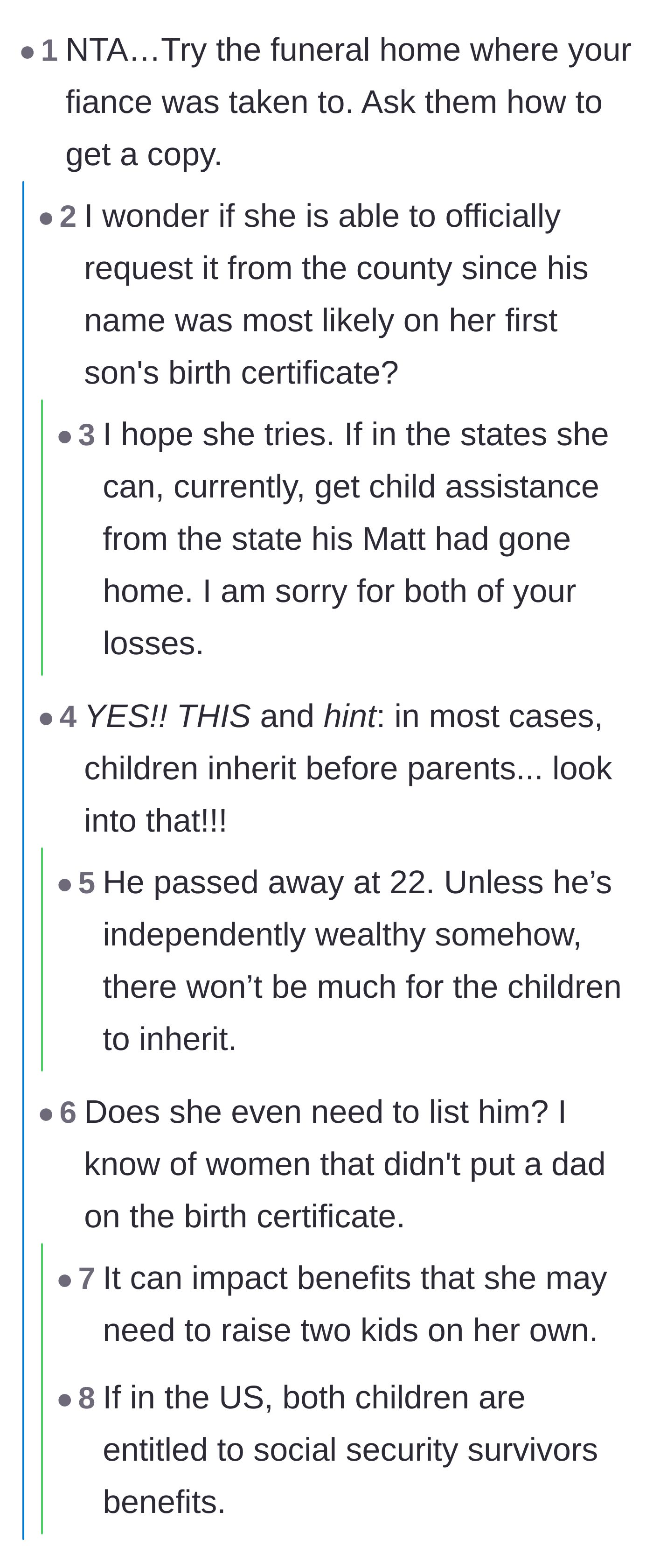 Comment thread 1 - Readers advising the young widow to bypass the in-laws and request the death certificate from the county or funeral home to secure survivor benefits.