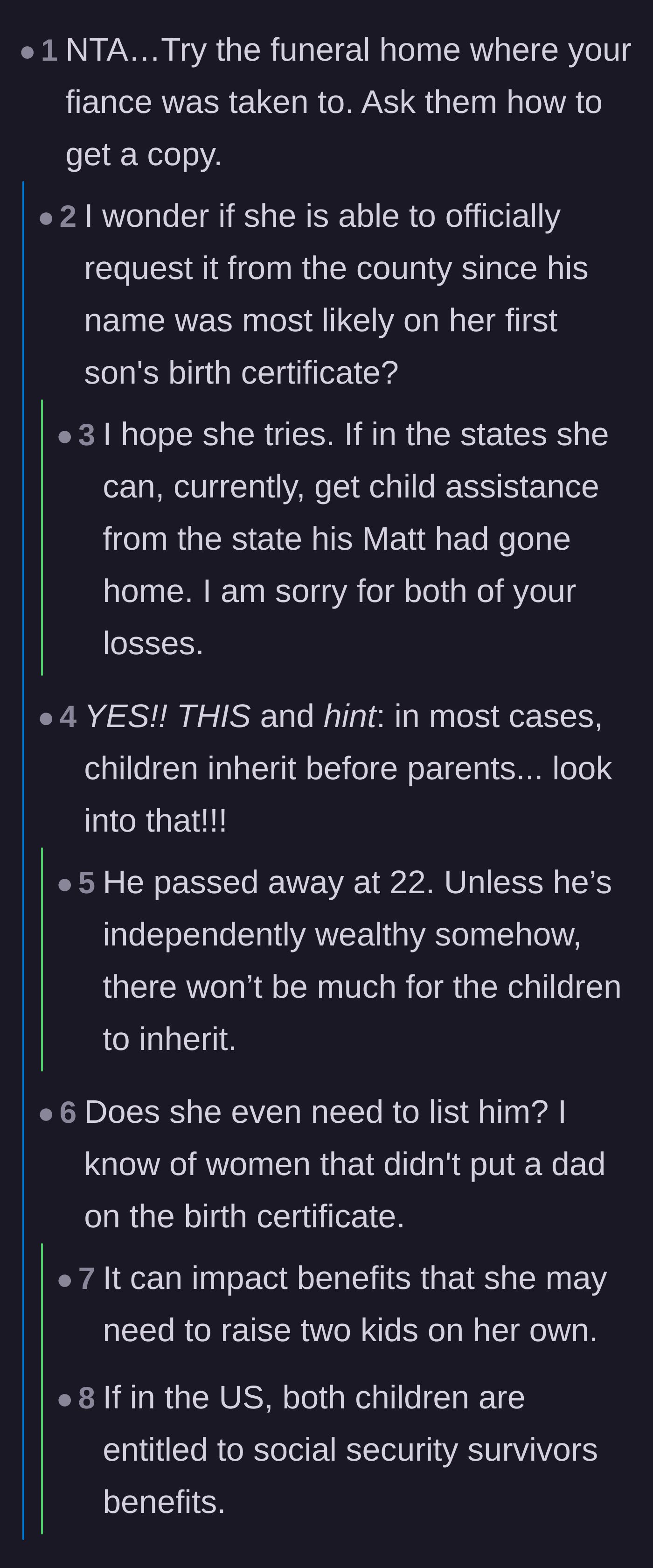 Comment thread 1 - Readers advising the young widow to bypass the in-laws and request the death certificate from the county or funeral home to secure survivor benefits.