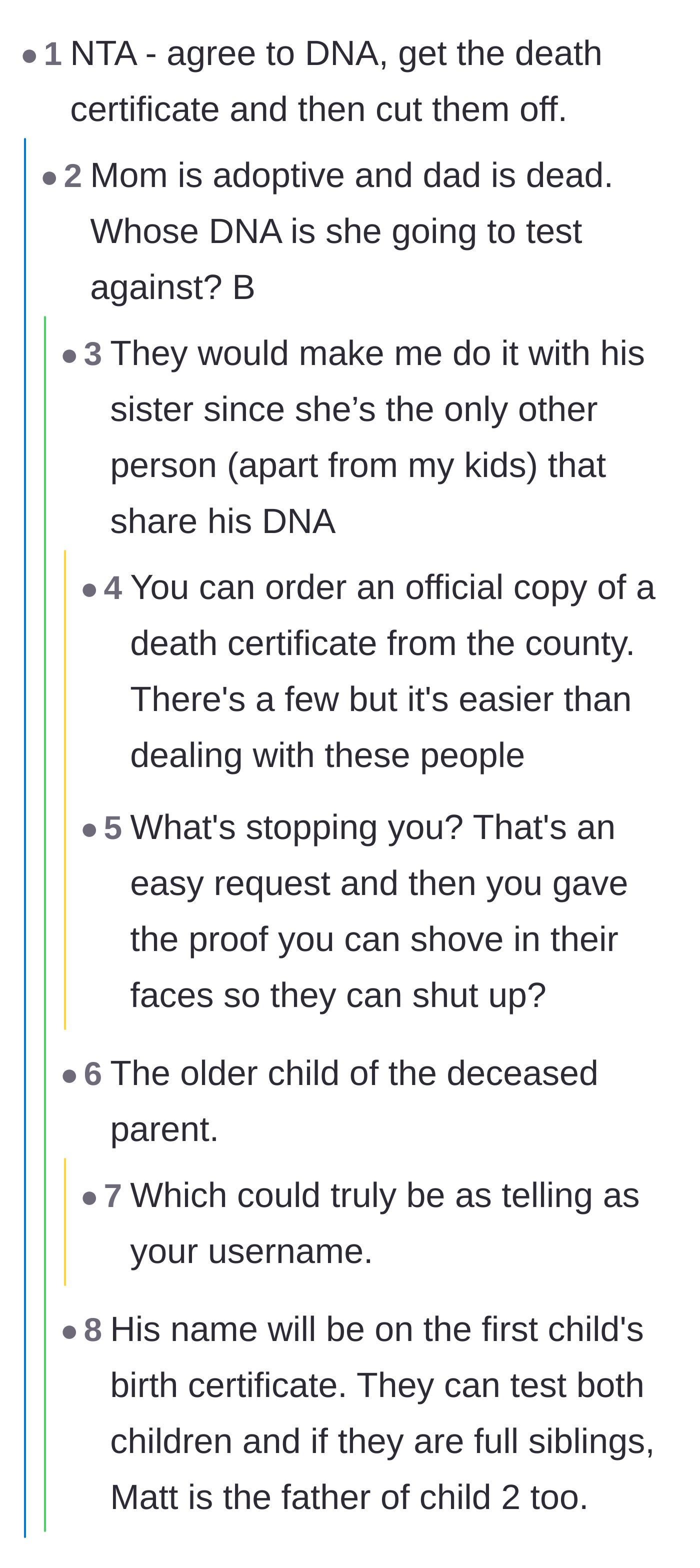 Comment thread 2 - A discussion about calling the mother-in-law's bluff by doing a DNA test with the biological sister before cutting contact entirely.