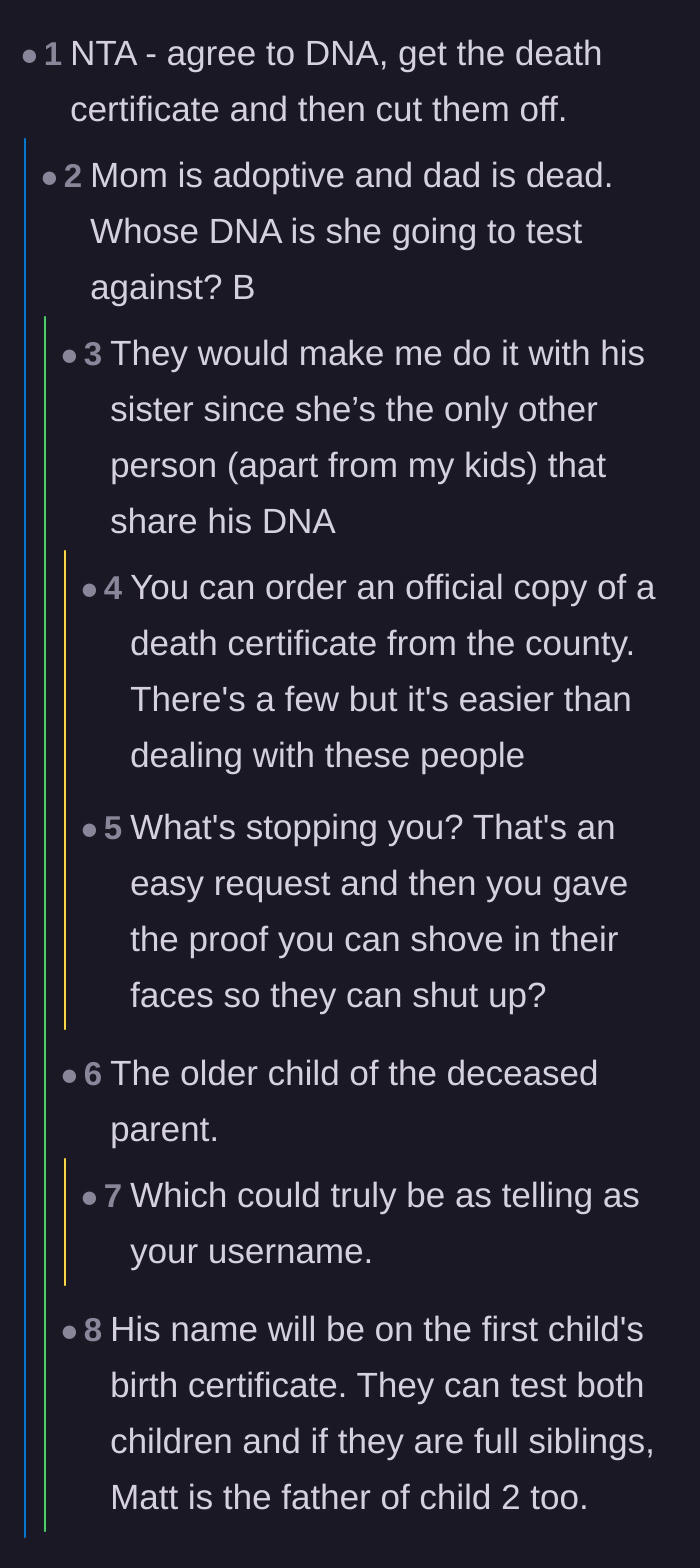 Comment thread 2 - A discussion about calling the mother-in-law's bluff by doing a DNA test with the biological sister before cutting contact entirely.