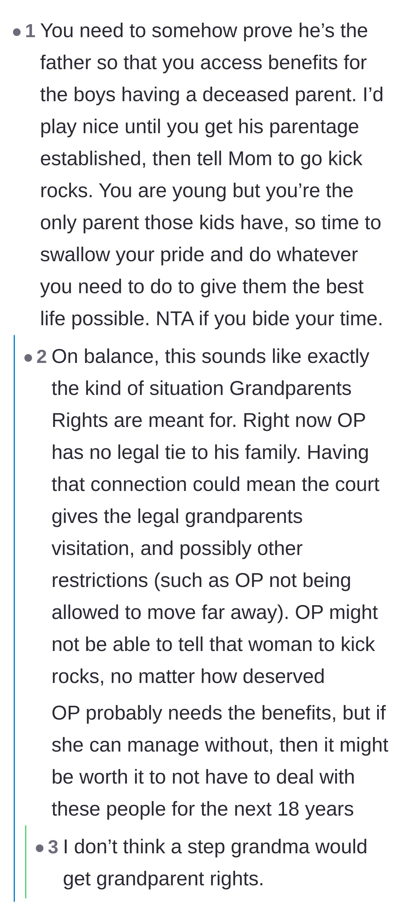 Comment thread 3 - Commenters debating the legal tightrope of securing benefits while avoiding giving the toxic adoptive family grounds for grandparents' rights.