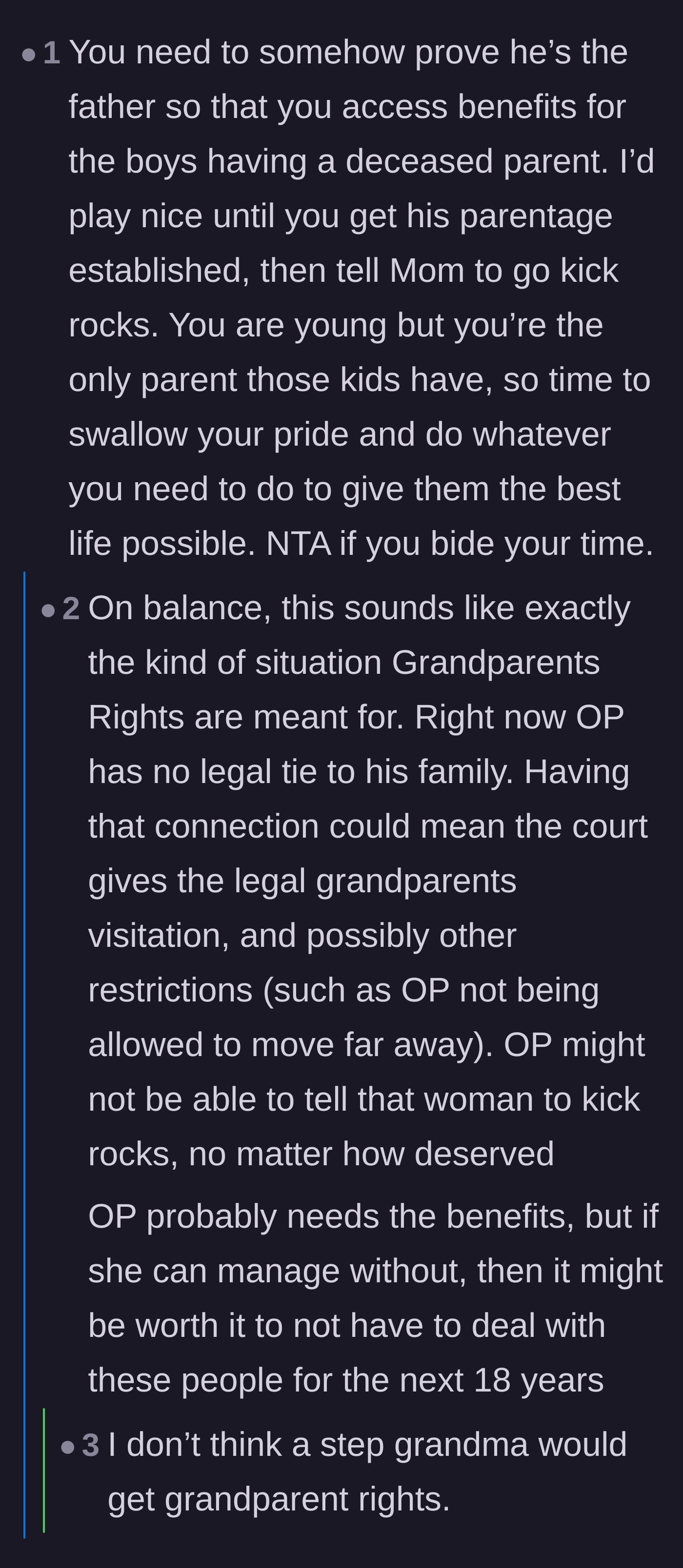 Comment thread 3 - Commenters debating the legal tightrope of securing benefits while avoiding giving the toxic adoptive family grounds for grandparents' rights.