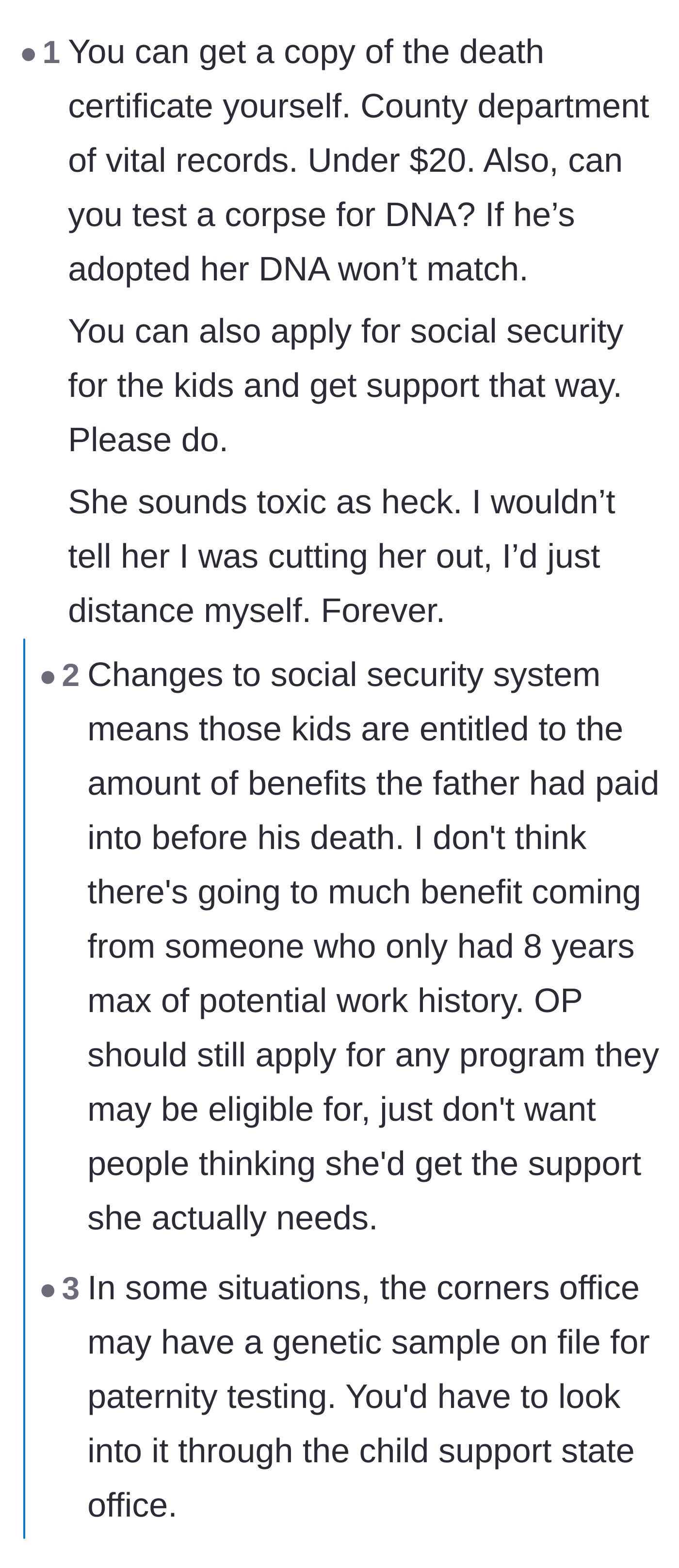 Comment thread 4 - Practical advice on obtaining vital records independently, mixed with encouraging stories of young widows receiving substantial social security benefits.