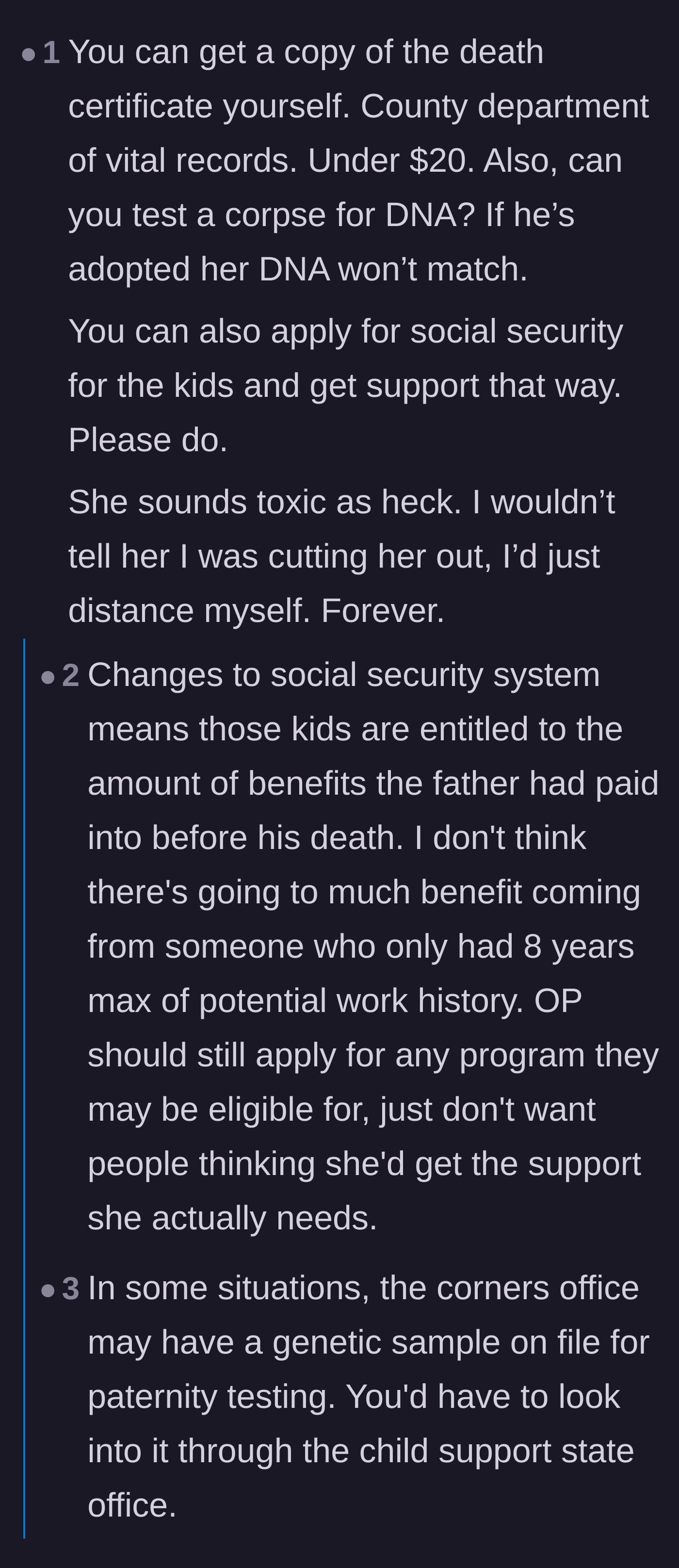 Comment thread 4 - Practical advice on obtaining vital records independently, mixed with encouraging stories of young widows receiving substantial social security benefits.