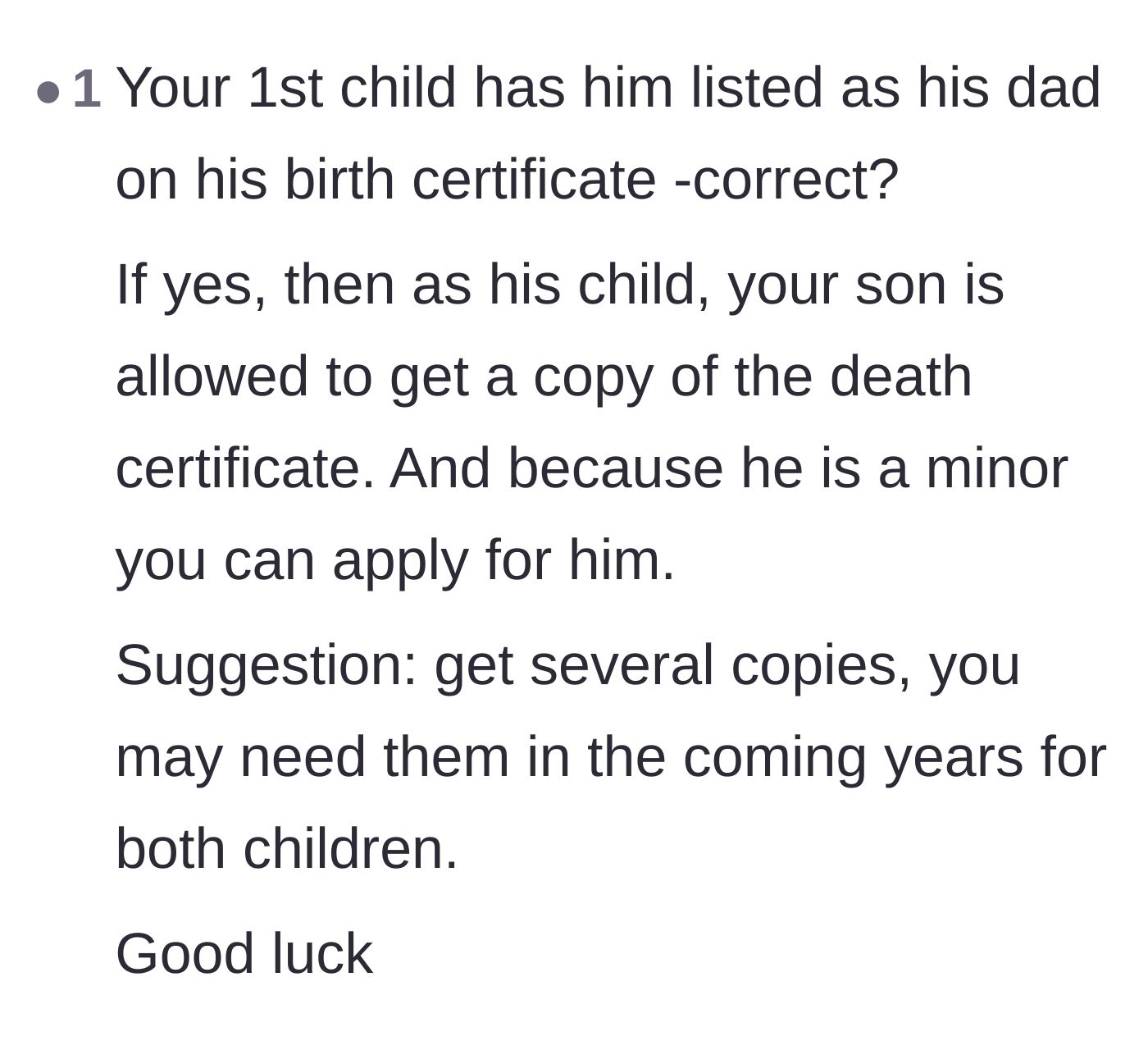 Comment thread 5 - A clever workaround suggesting the mother use her firstborn son's legal status to bypass the in-laws and order copies of the death certificate.
