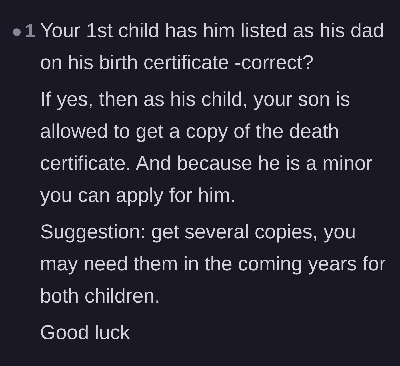 Comment thread 5 - A clever workaround suggesting the mother use her firstborn son's legal status to bypass the in-laws and order copies of the death certificate.