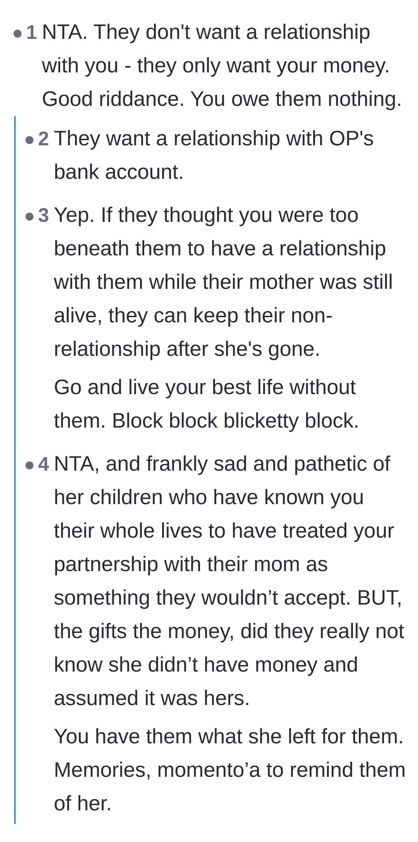 Comment thread 1 - Readers pointing out the stepchildren only wanted a relationship with the widower's bank account.