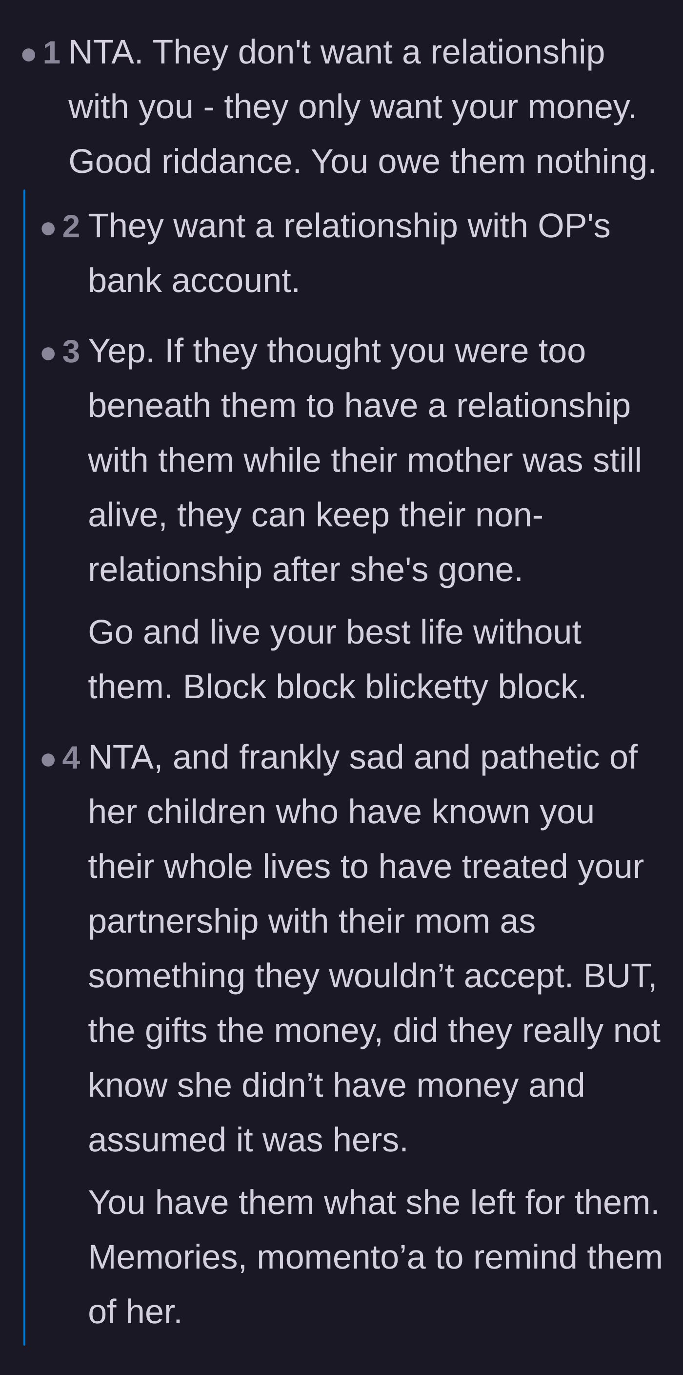 Comment thread 1 - Readers pointing out the stepchildren only wanted a relationship with the widower's bank account.